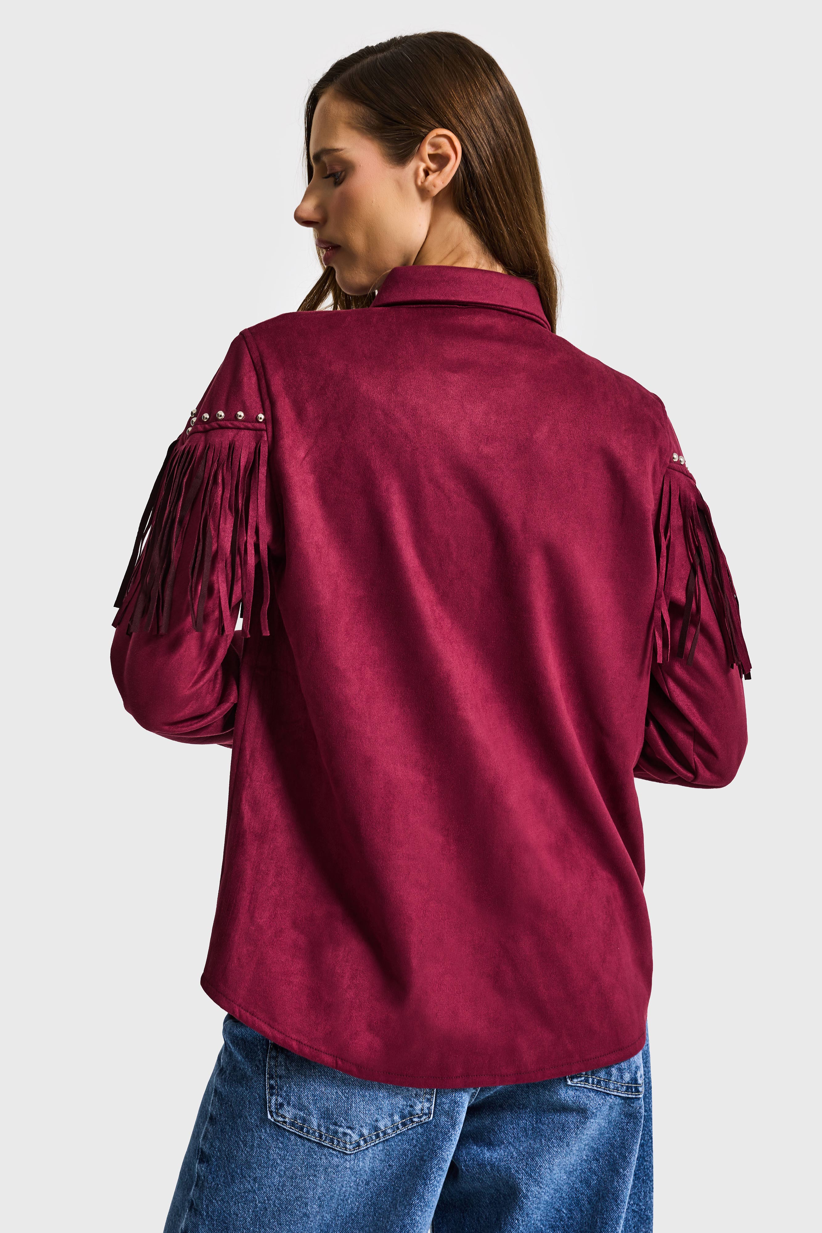 Kadın Bordo Süet Kumaş Püskül ve Drop Detaylı Tasarım Gömlek Ceket