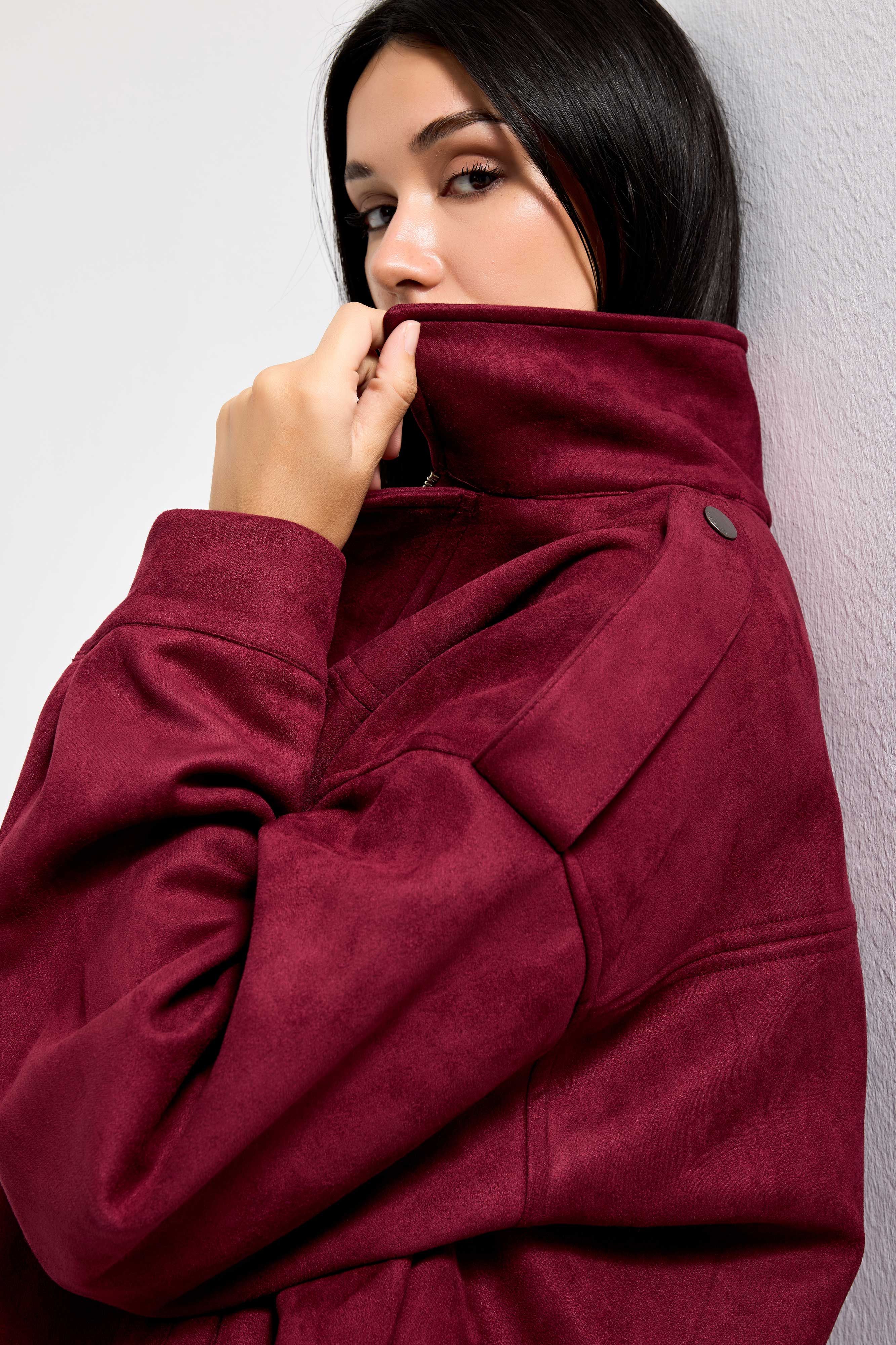 Kadın Bordo w5-35 Bomber Fit Bol Kesim Süet Kumaş Ceket