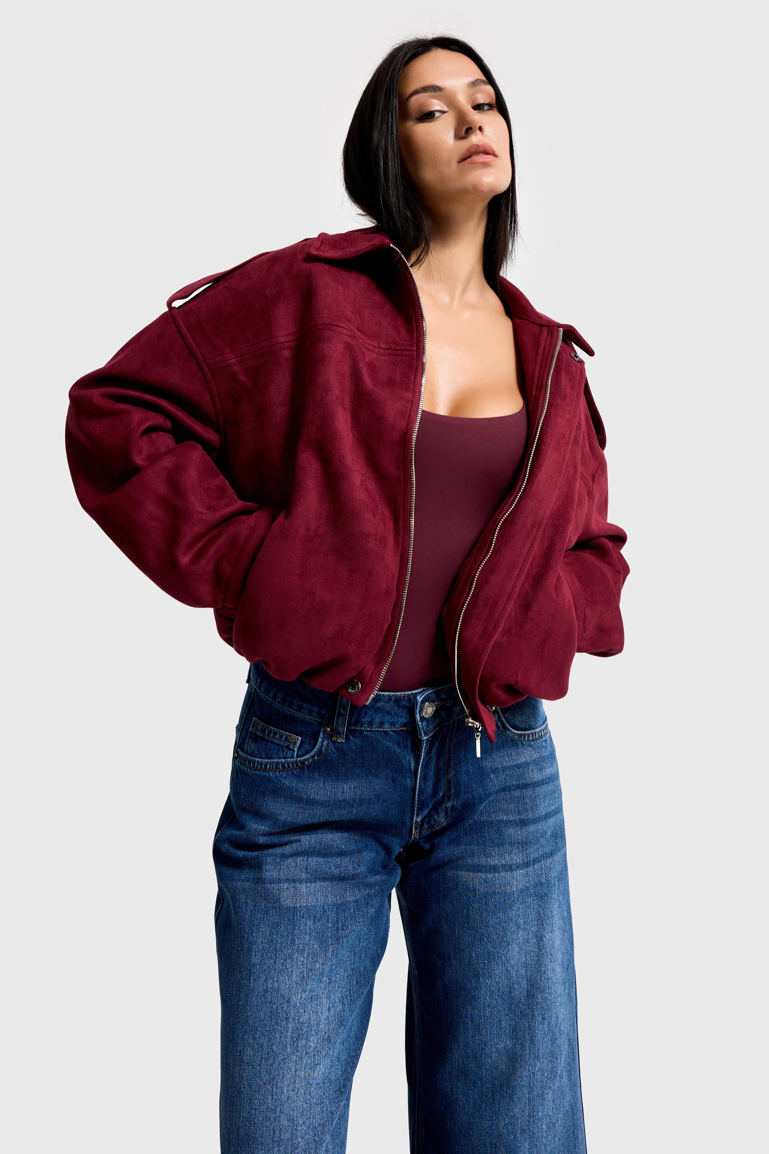 Kadın Bordo w5-35 Bomber Fit Bol Kesim Süet Kumaş Ceket