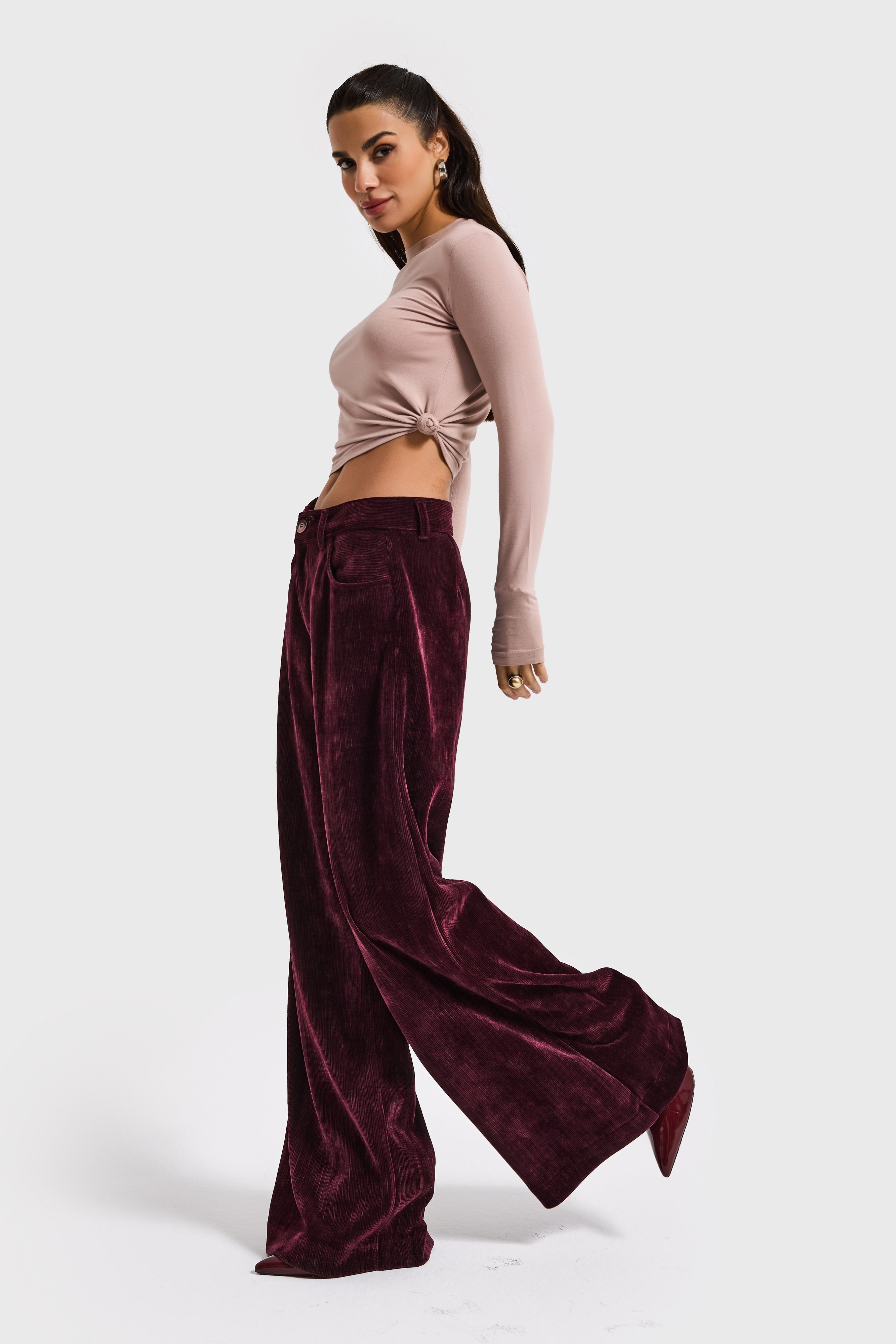 Kadın Bordo w5-35 Palazzo Fit Velvet Kadife Kumaş Pantolon