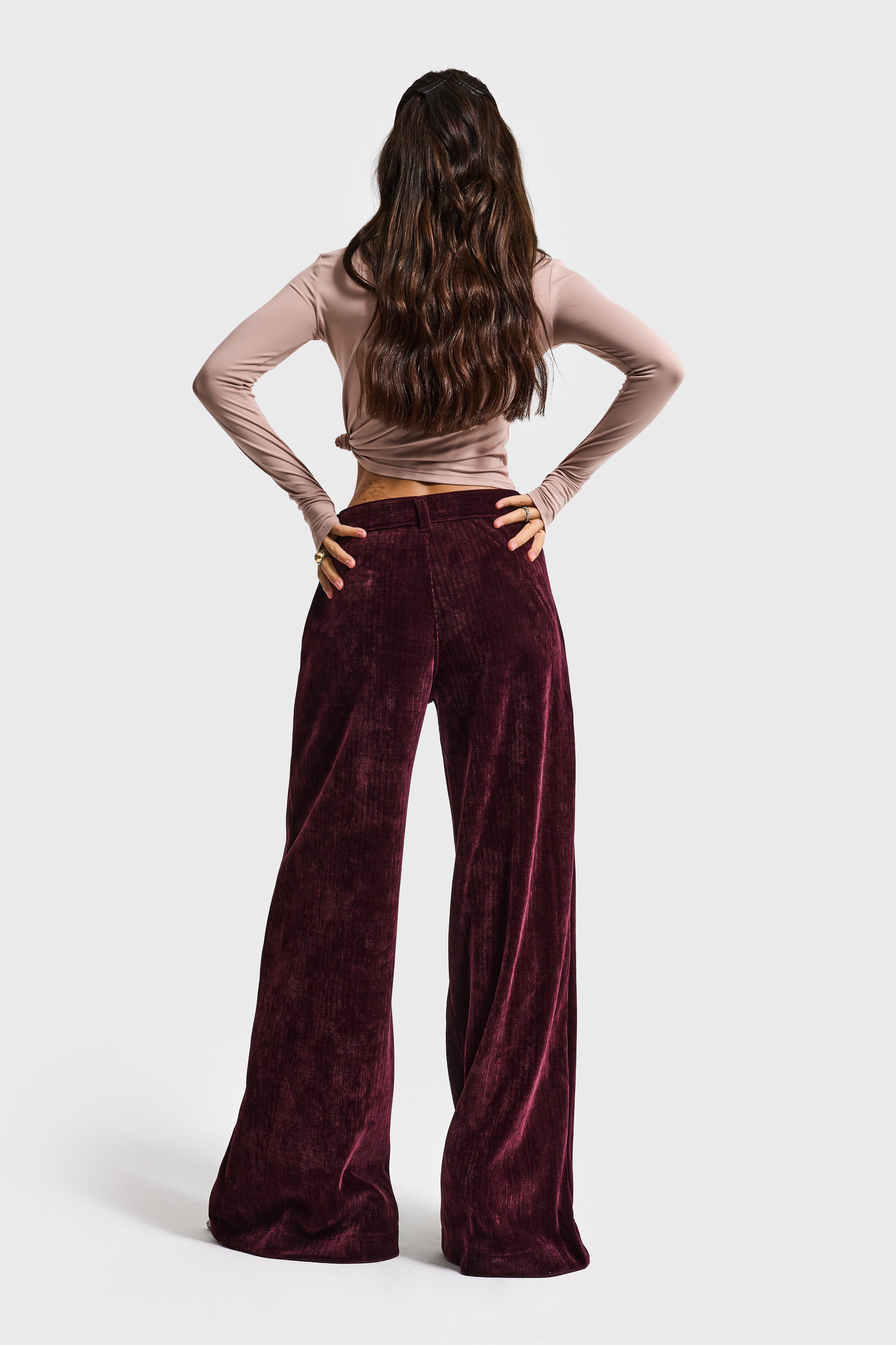 Kadın Bordo w5-35 Palazzo Fit Velvet Kadife Kumaş Pantolon