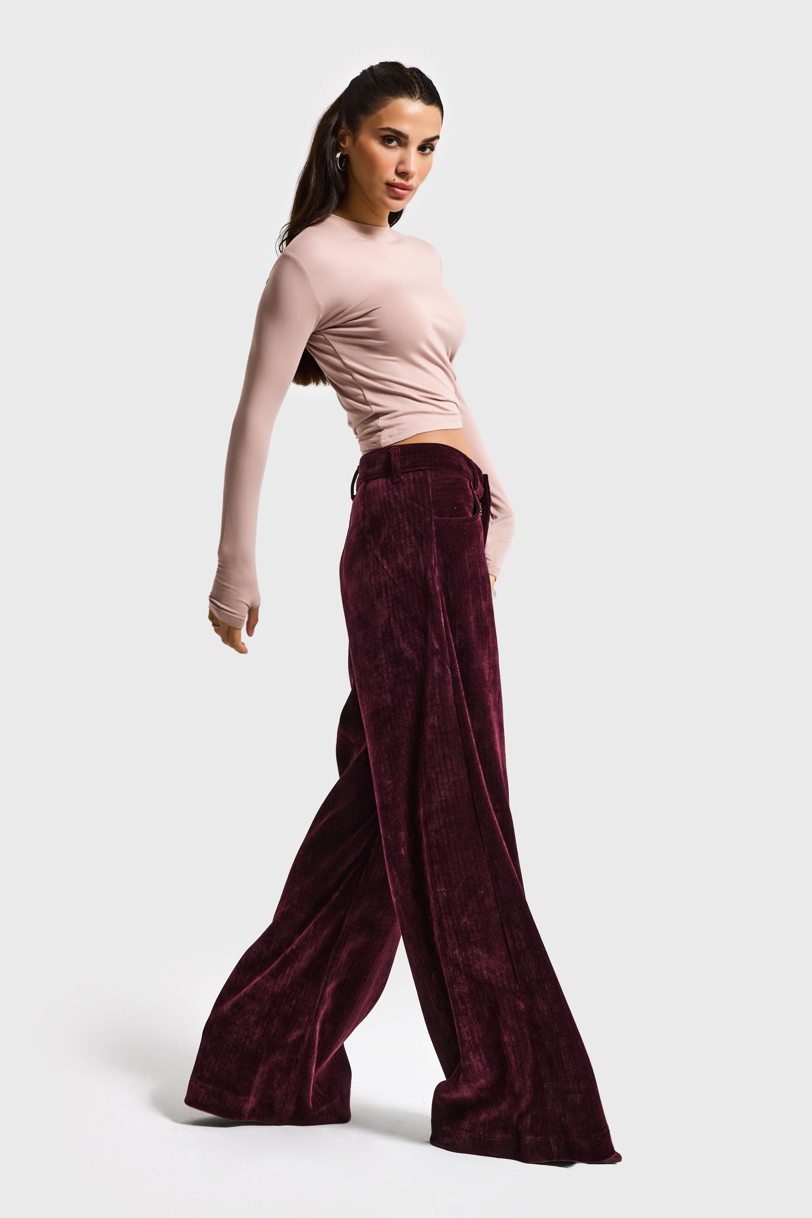 Kadın Bordo w5-35 Palazzo Fit Velvet Kadife Kumaş Pantolon