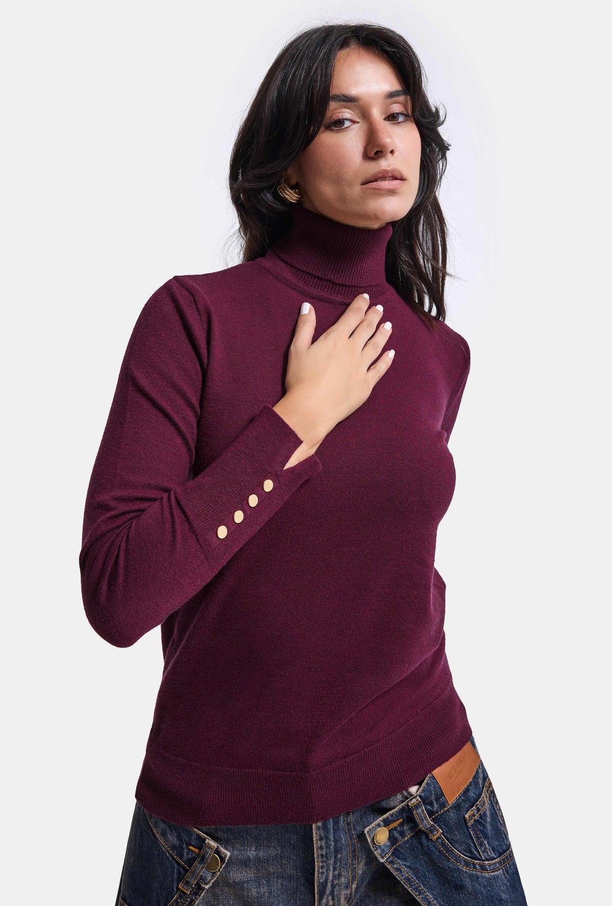 Kadın Bordo w6-35 Boğazlı Aksesuar Detaylı Triko Kazak