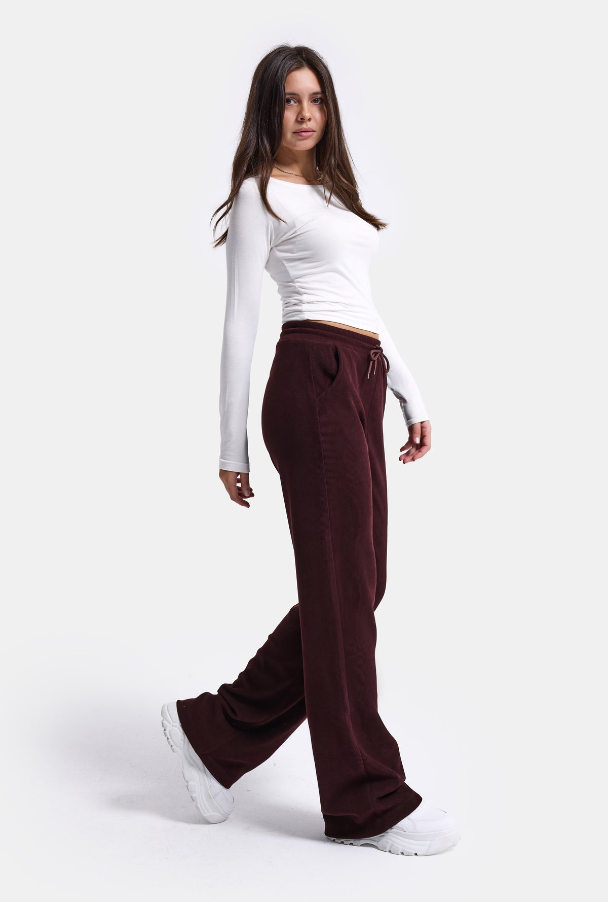 Kadın Bordo w6-35 Flare Fit İnce Fitilli Esnek Velvet Kadife Kumaş Pantolon
