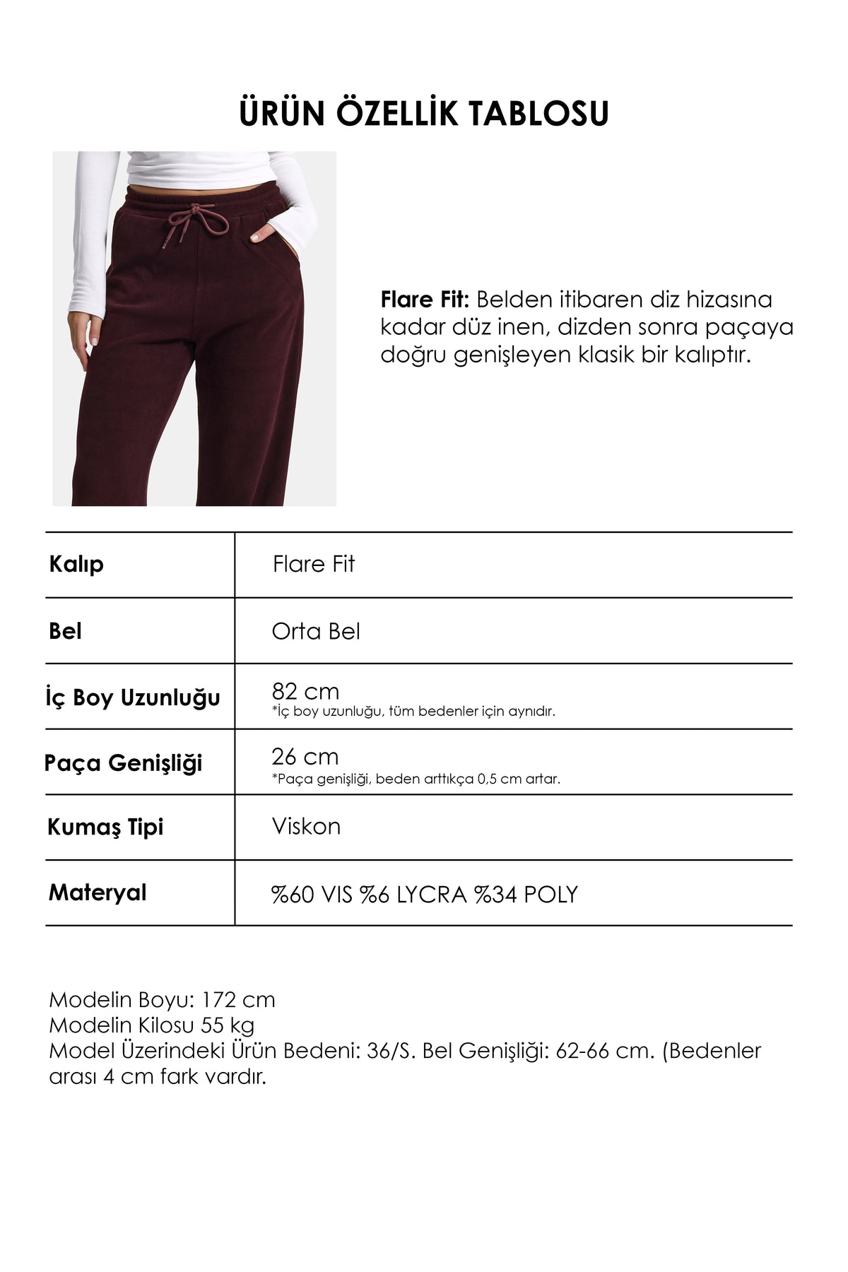 Kadın Bordo w6-35 Flare Fit İnce Fitilli Esnek Velvet Kadife Kumaş Pantolon
