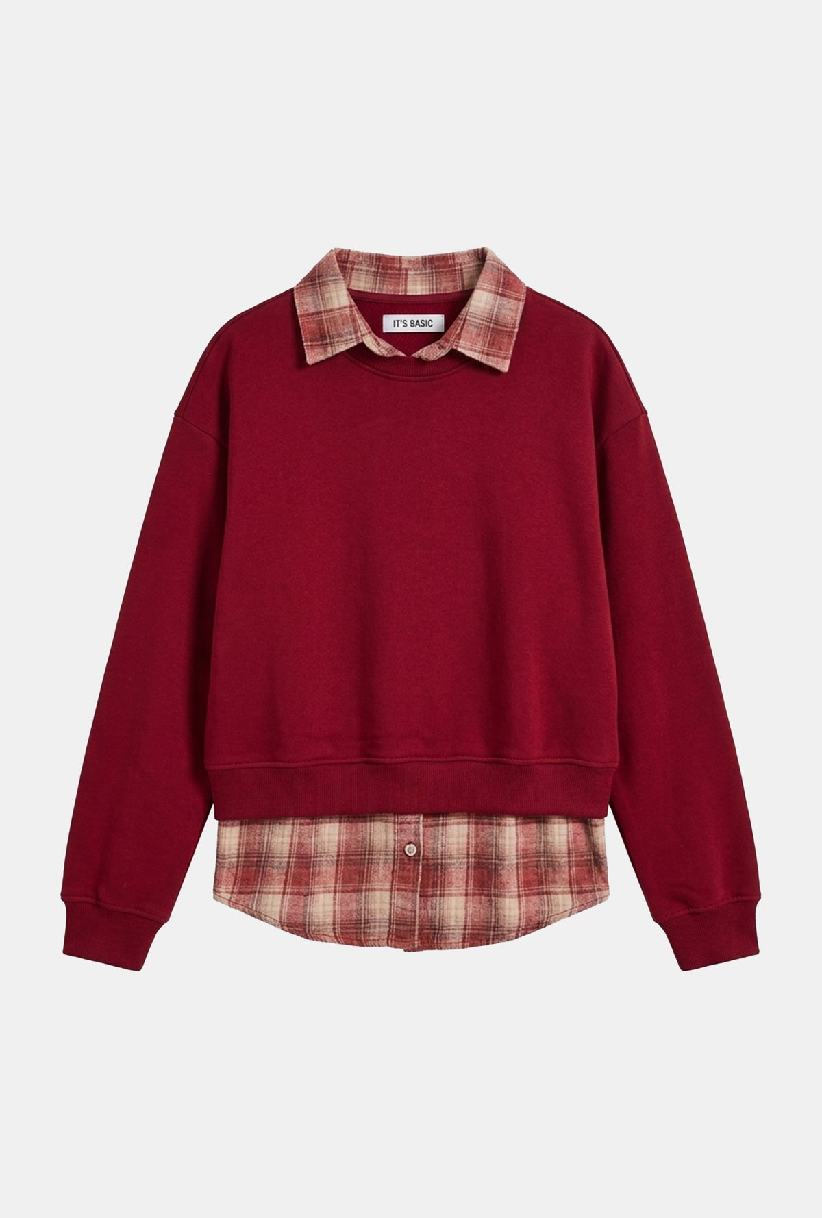 Kadın Bordo w6-35 Oversize Ekose Gömlek Detaylı Tasarım Sweatshirt