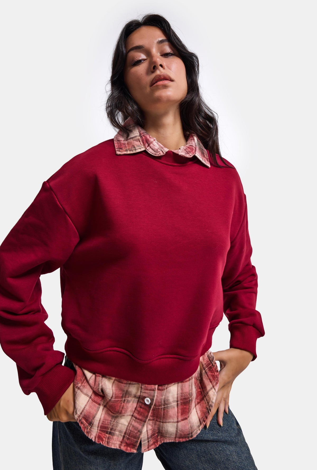 Kadın Bordo w6-35 Oversize Ekose Gömlek Detaylı Tasarım Sweatshirt