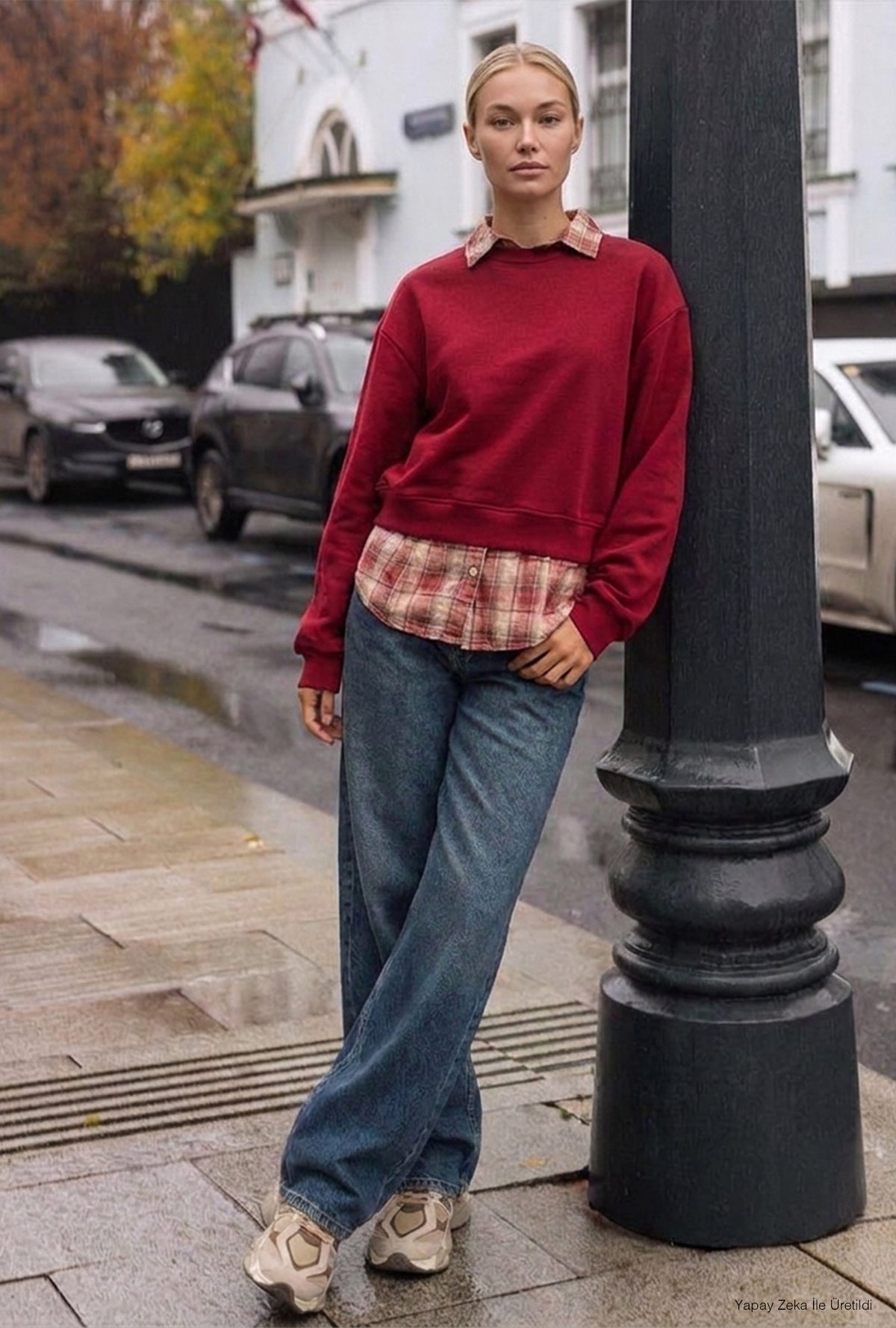Kadın Bordo w6-35 Oversize Ekose Gömlek Detaylı Tasarım Sweatshirt