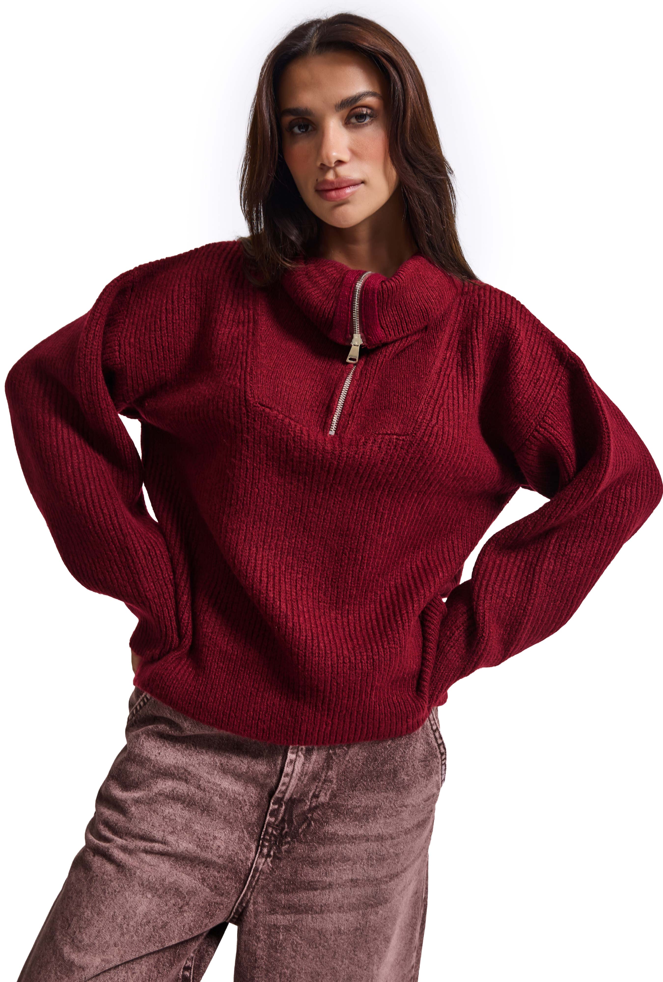 Kadın Bordo w6-35 Oversize Fermuarlı Triko Kazak