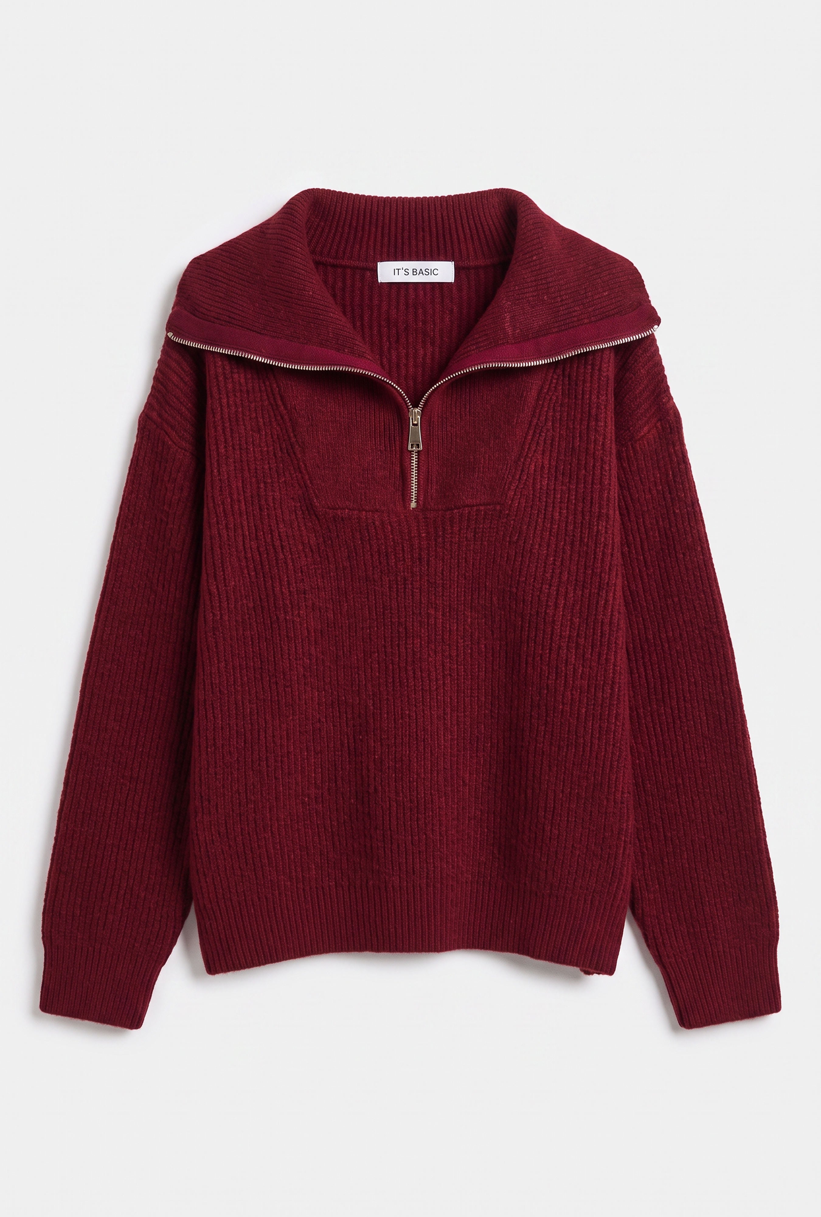 Kadın Bordo w6-35 Oversize Fermuarlı Triko Kazak