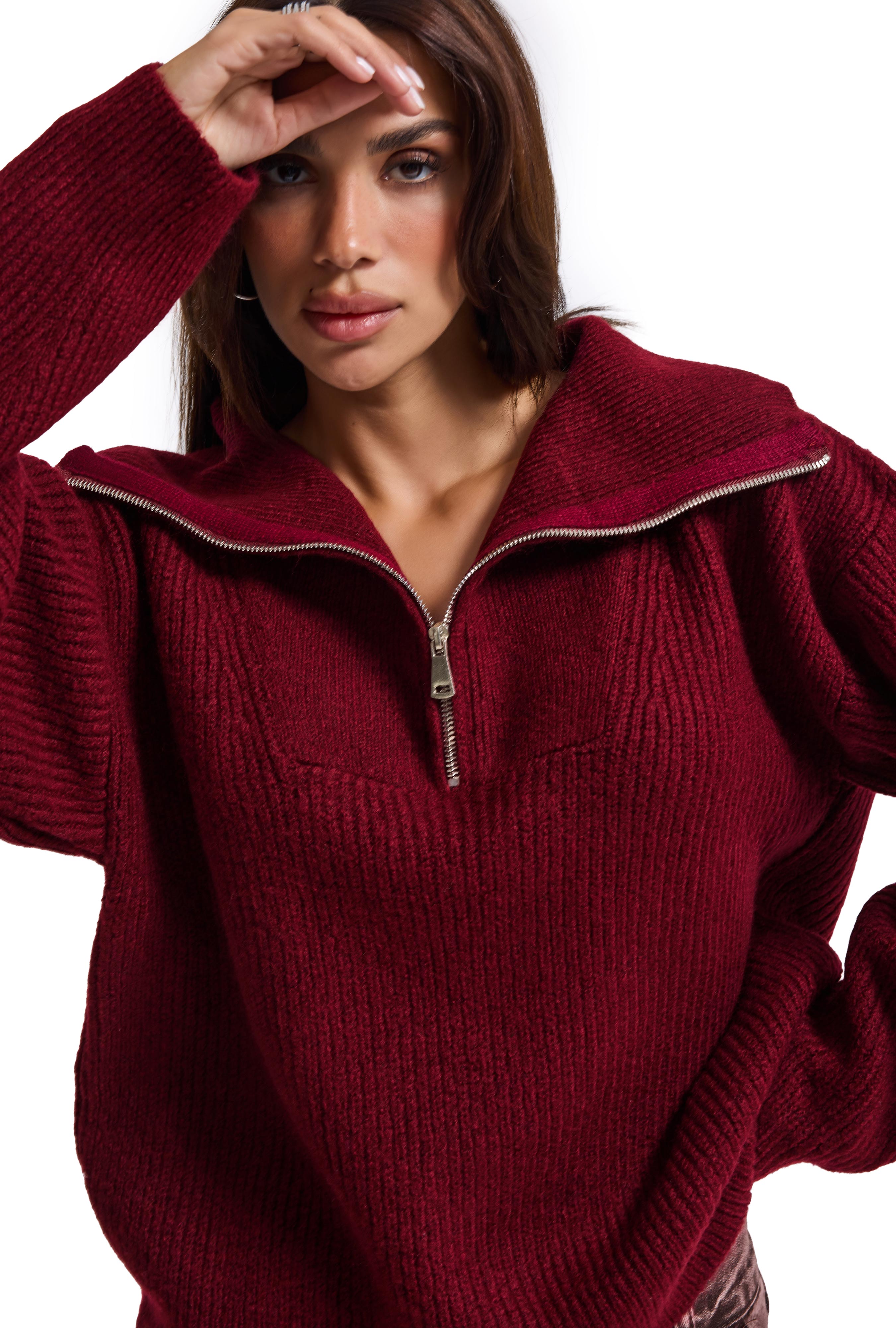 Kadın Bordo w6-35 Oversize Fermuarlı Triko Kazak