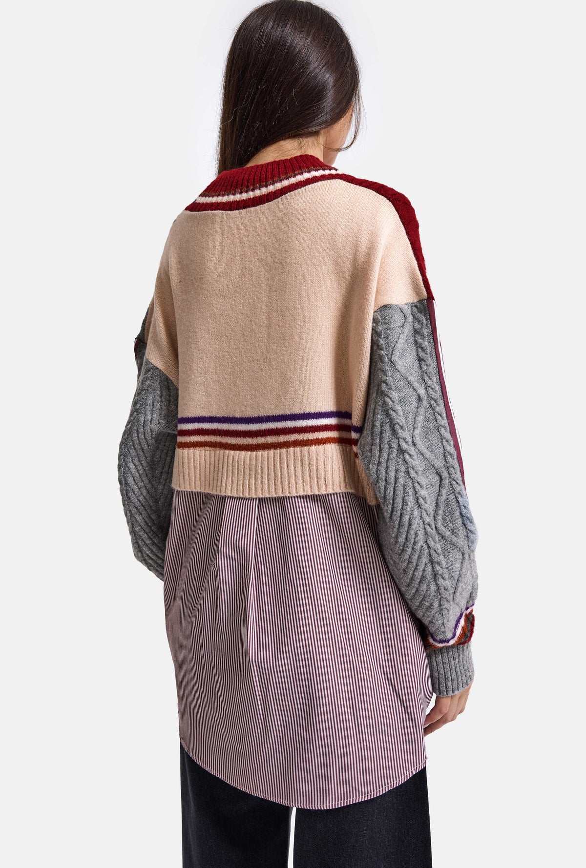 Kadın Bordo w6-35 Oversize Gömlek Kumaş Detaylı Özel Tasarım Triko Hırka