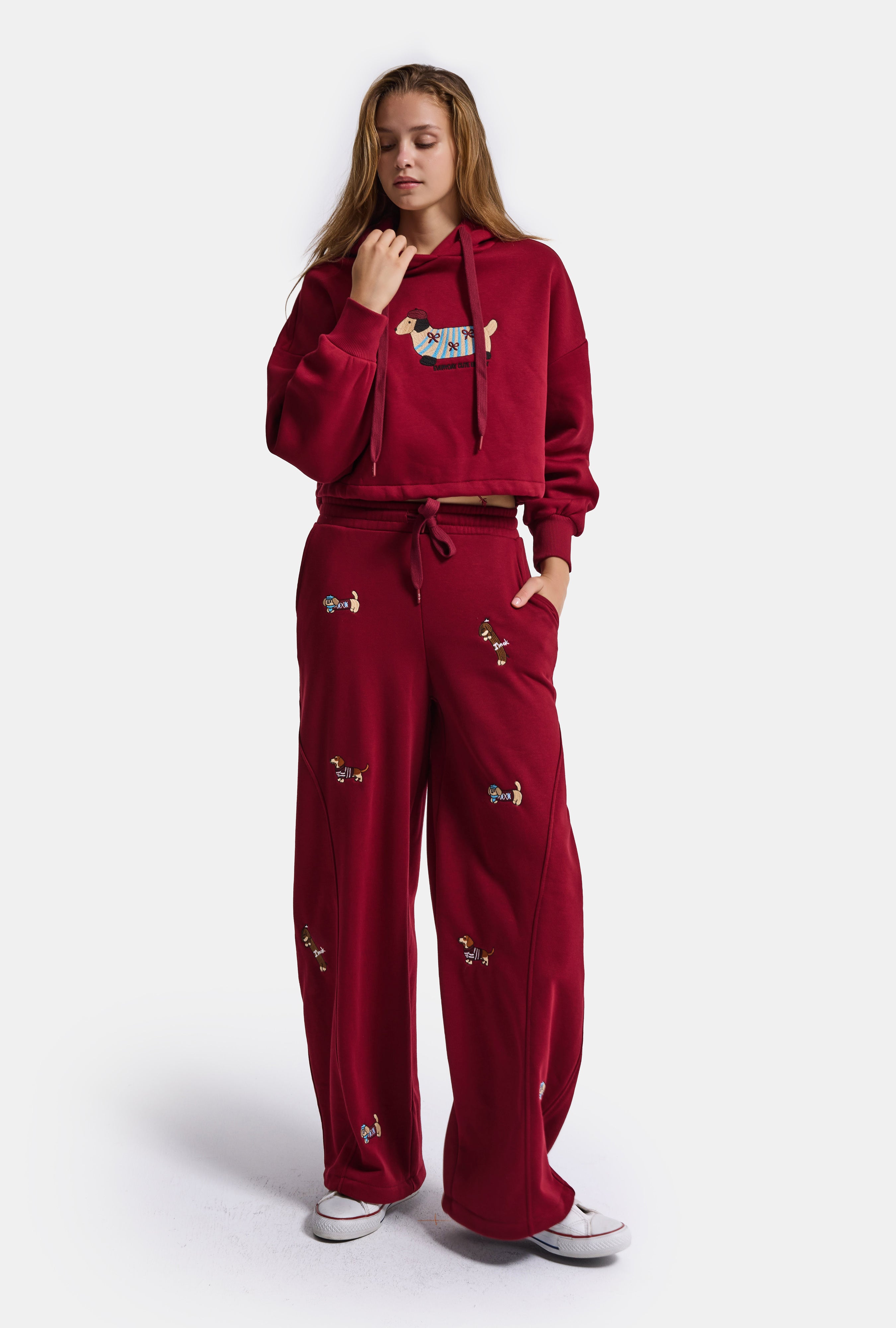Kadın Bordo w6-35 Sweatshirt Eşofman Pantolon 2'li Nakış Figürlü Tasarım Takım