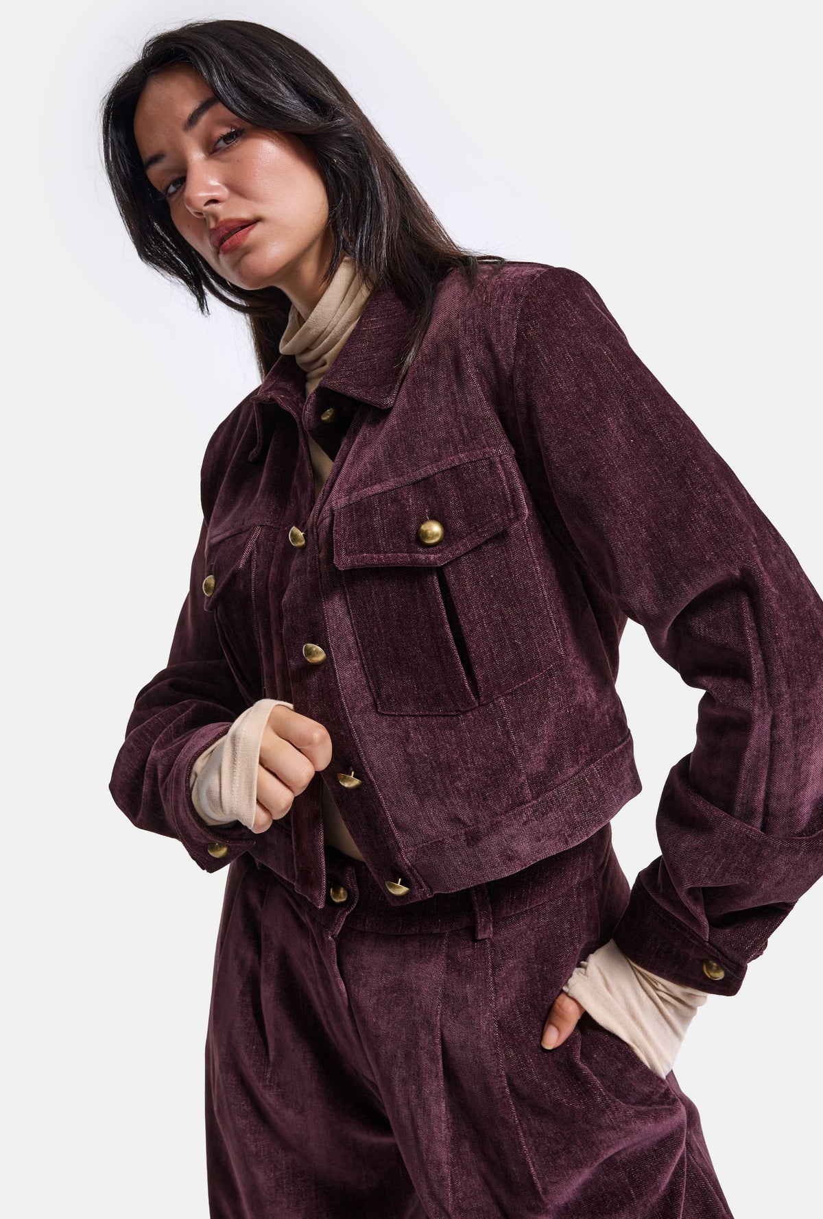 Kadın Bordo w6-52 Boxy Fit Pürüzsüz Velvet Kadife Kumaş Tasarım Ceket