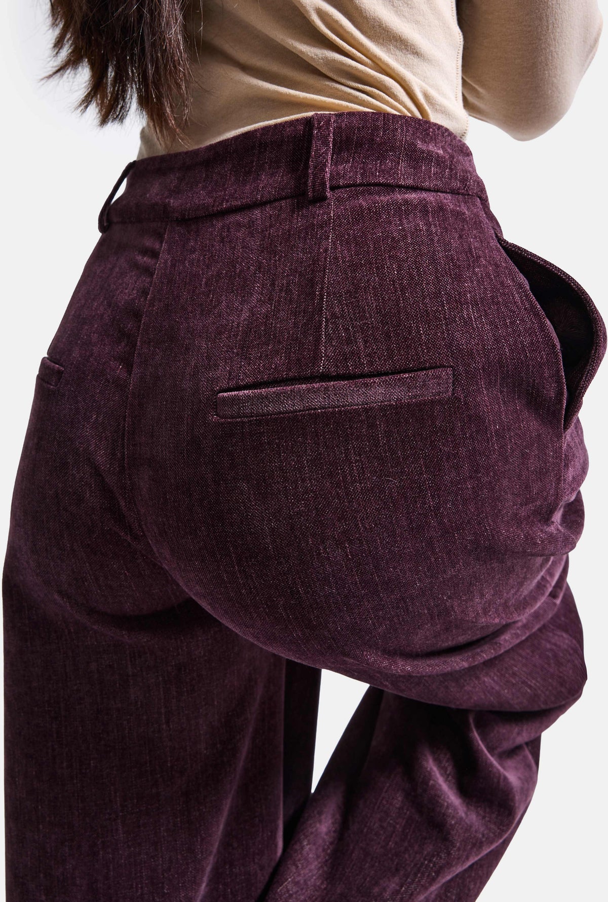 Kadın Bordo w6-52 Straight Crop Pürüzsüz Velvet Kadife Kumaş Pantolon