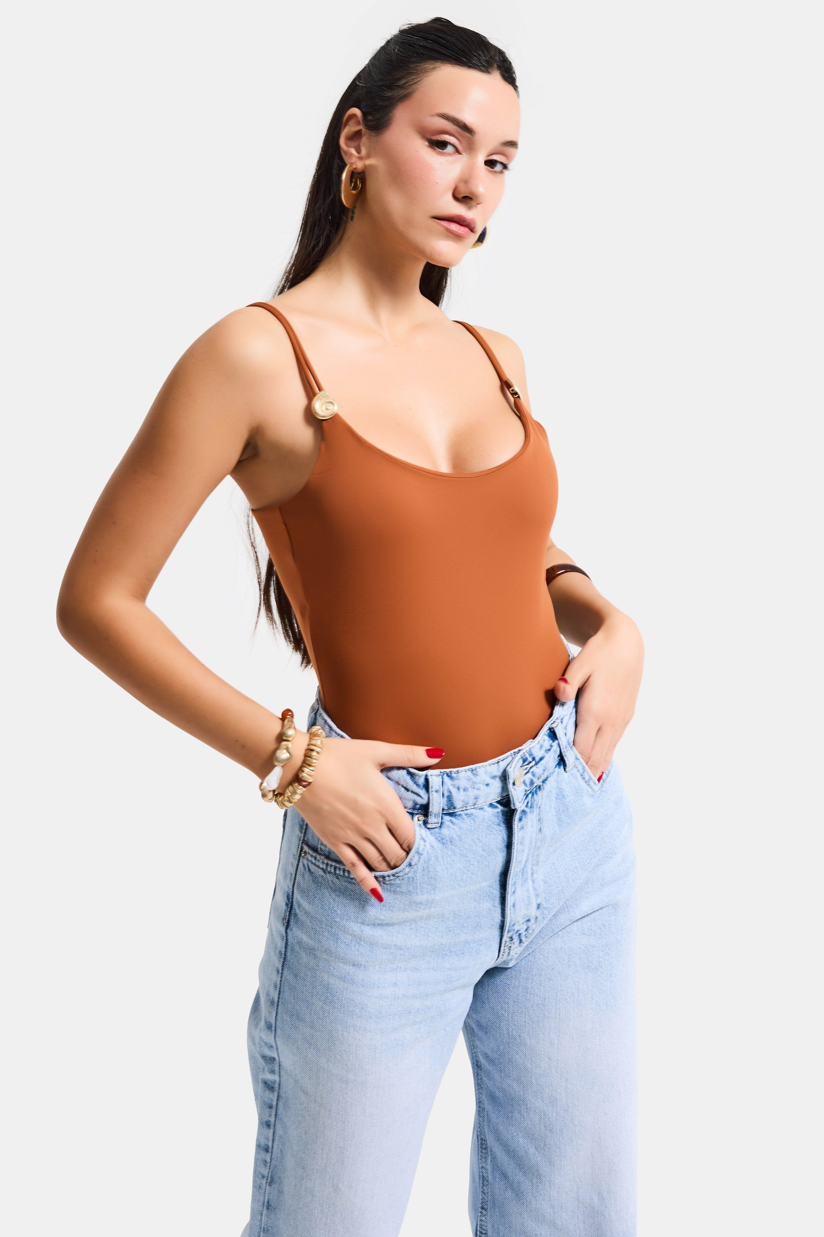Kadın Camel s6-55 Askılı Aksesuar Detaylı Çıtçıtlı Body