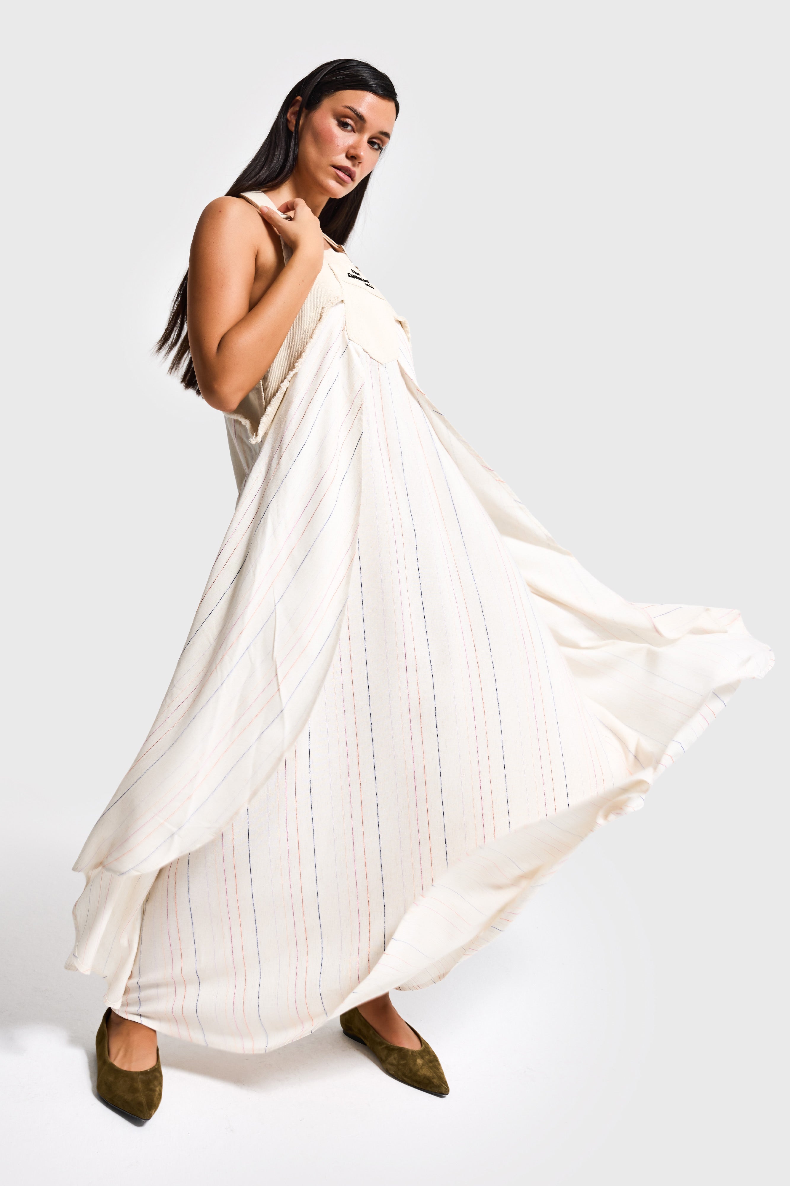 Kadın Çizgili Ekru Bol Kesim Askılı Özel Tasarım Elbise Tulum