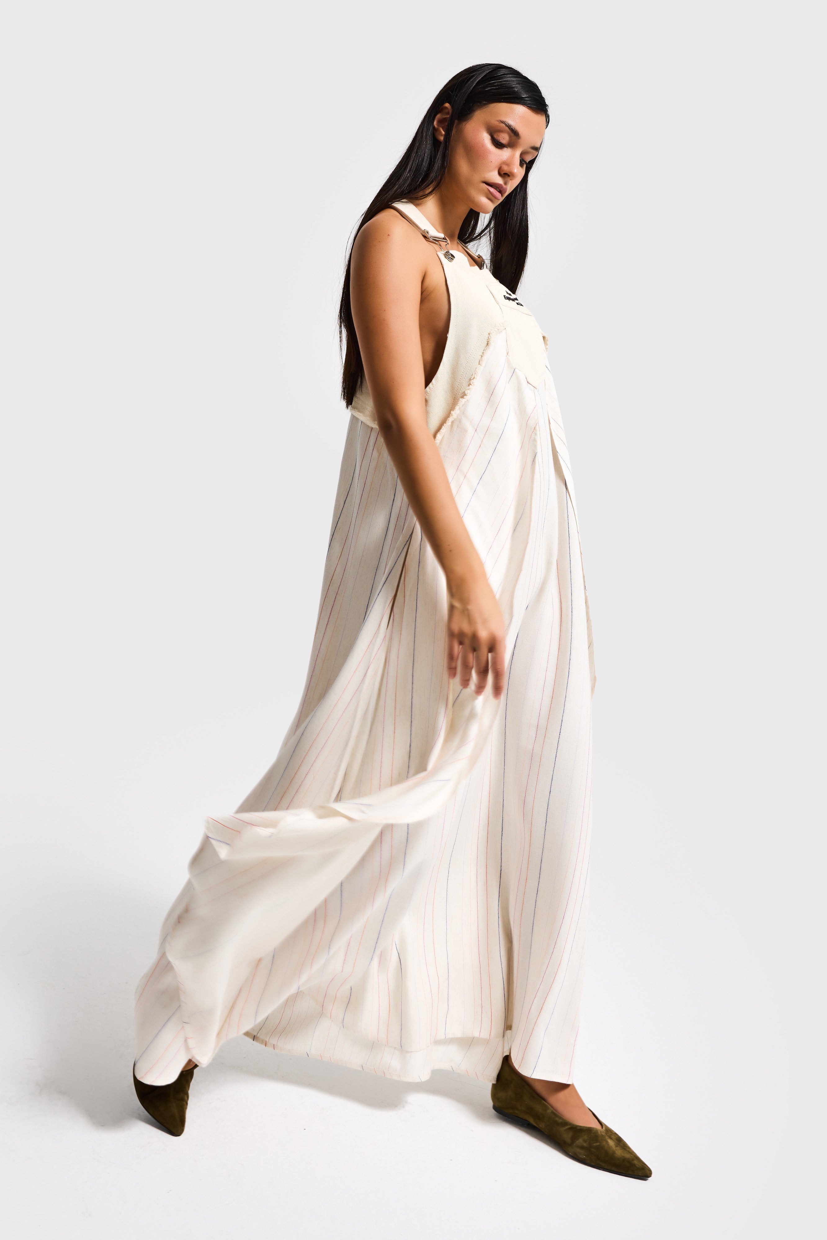 Kadın Çizgili Ekru Bol Kesim Askılı Özel Tasarım Elbise Tulum