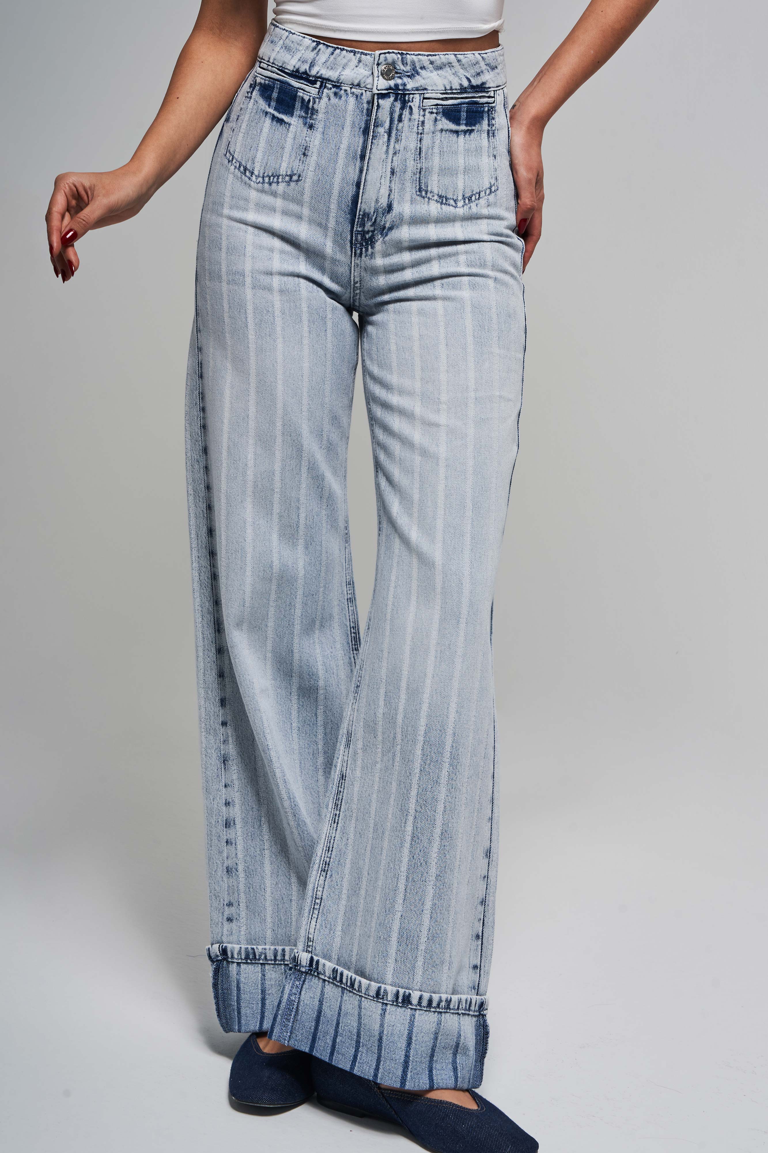 Kadın Çizgili Kot Rengi 4s5-3 Staright Fit Cep Detaylı %100 Koton Özel Kumaş Denim Jean