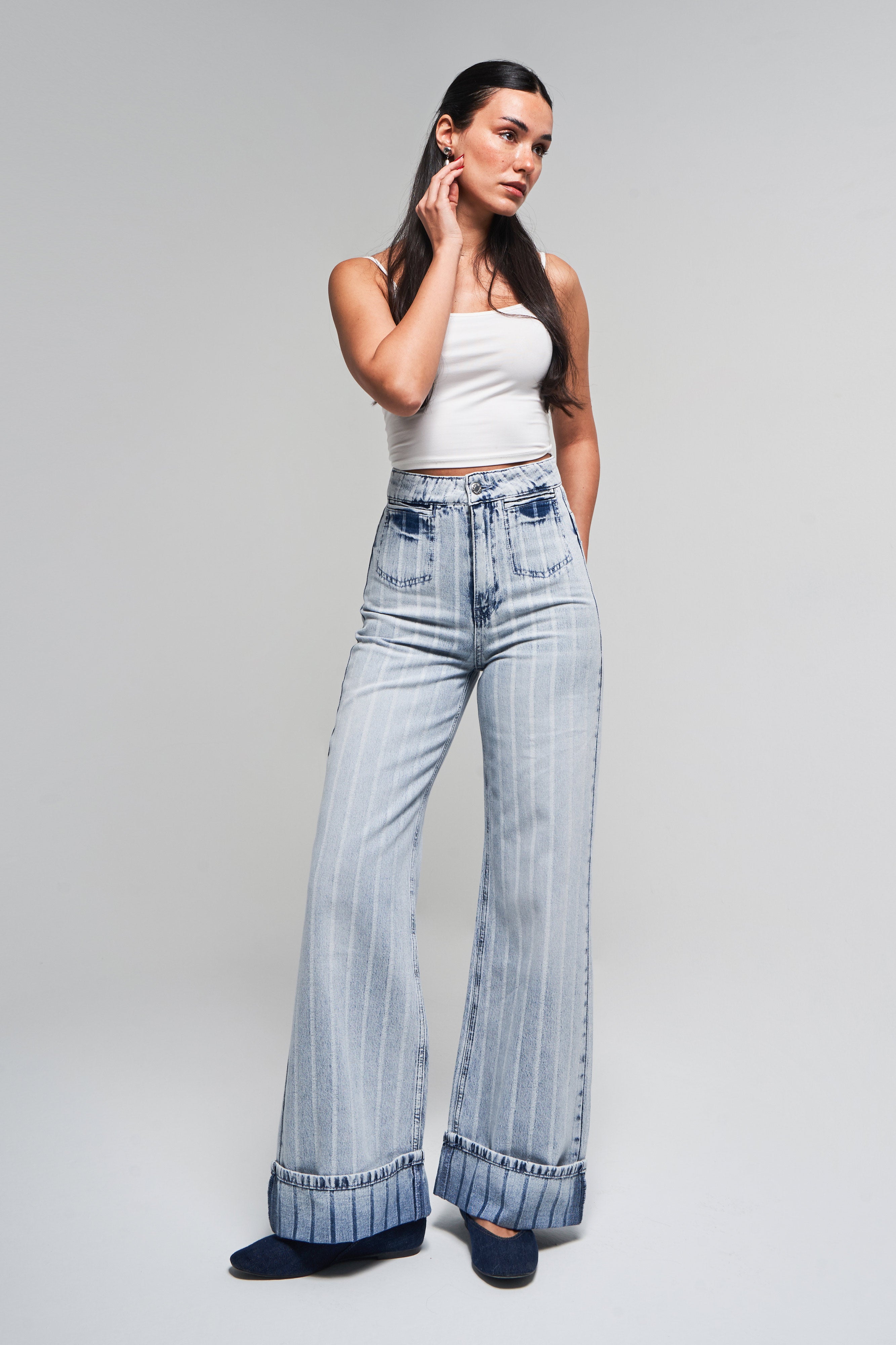 Kadın Çizgili Kot Rengi 4s5-3 Staright Fit Cep Detaylı %100 Koton Özel Kumaş Denim Jean