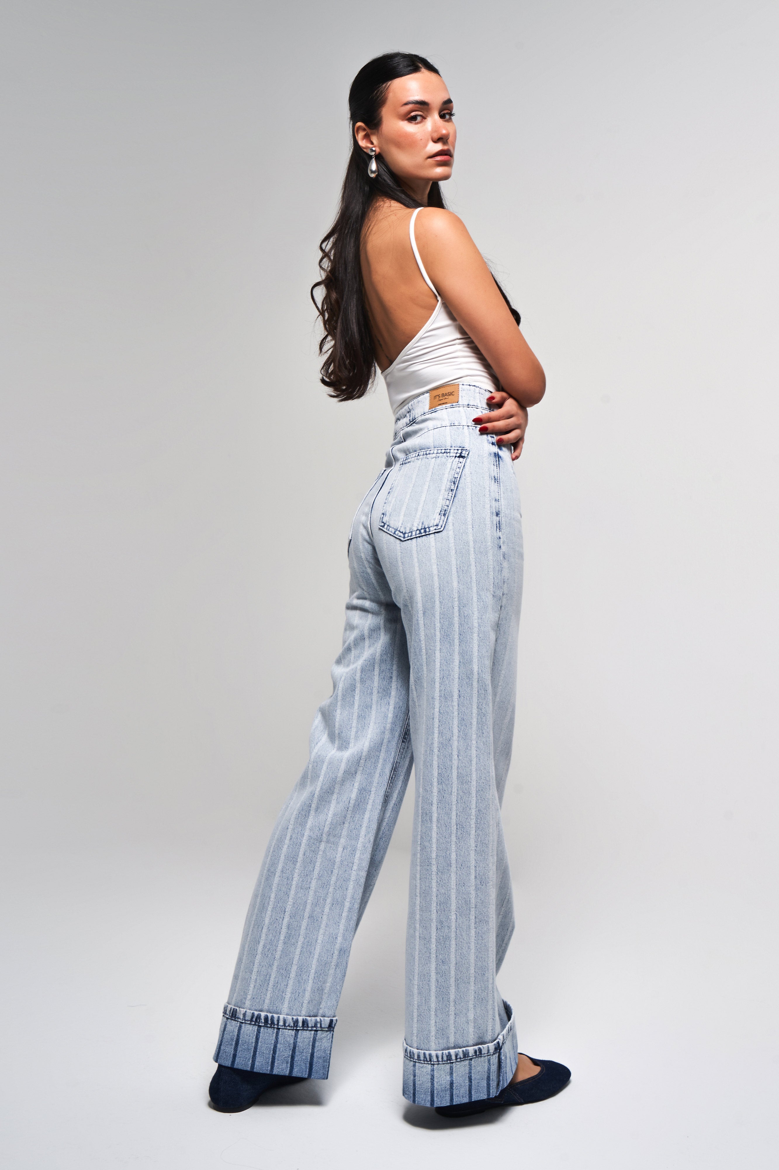 Kadın Çizgili Kot Rengi 4s5-3 Staright Fit Cep Detaylı %100 Koton Özel Kumaş Denim Jean