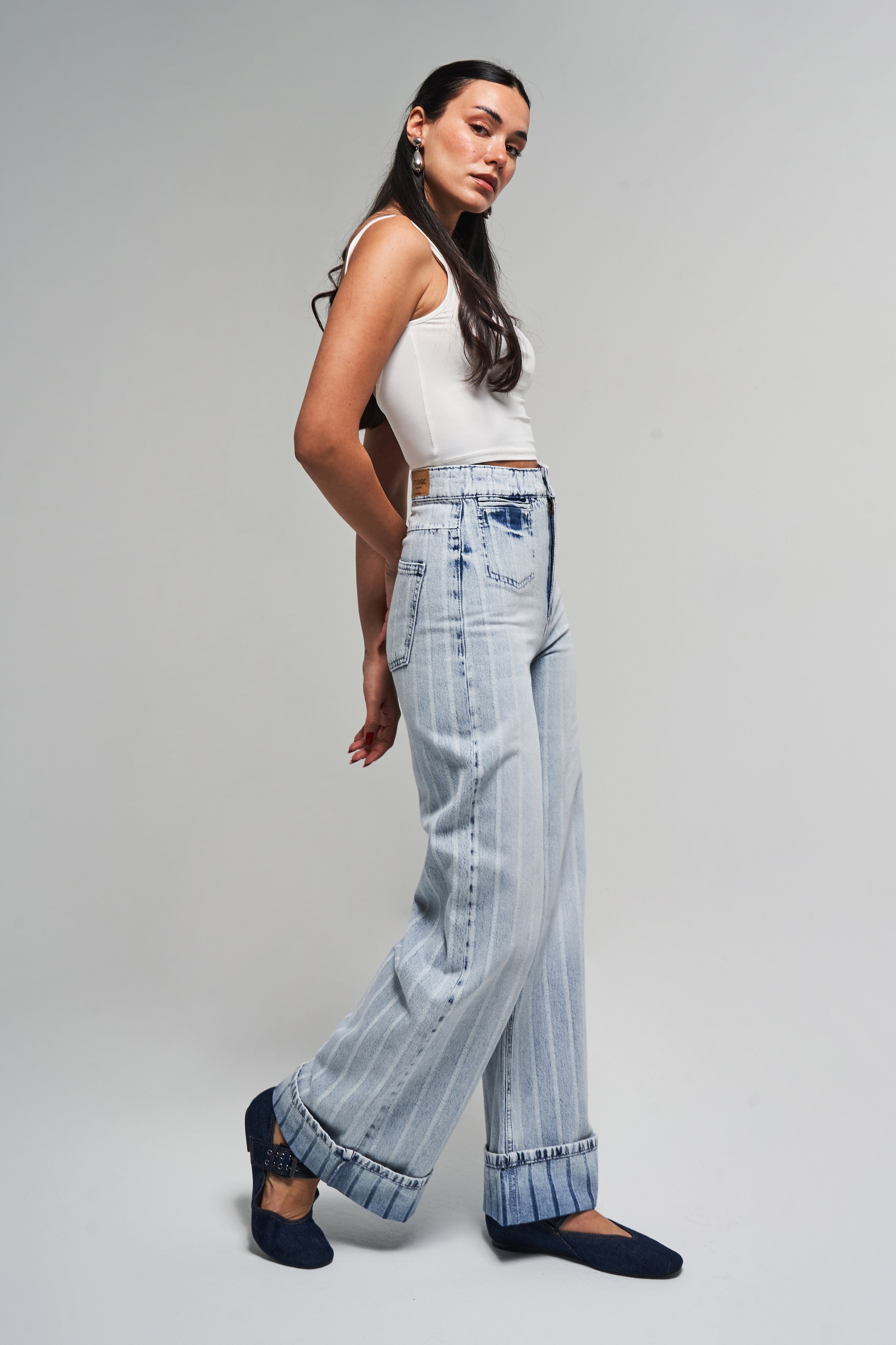 Kadın Çizgili Kot Rengi 4s5-3 Staright Fit Cep Detaylı %100 Koton Özel Kumaş Denim Jean