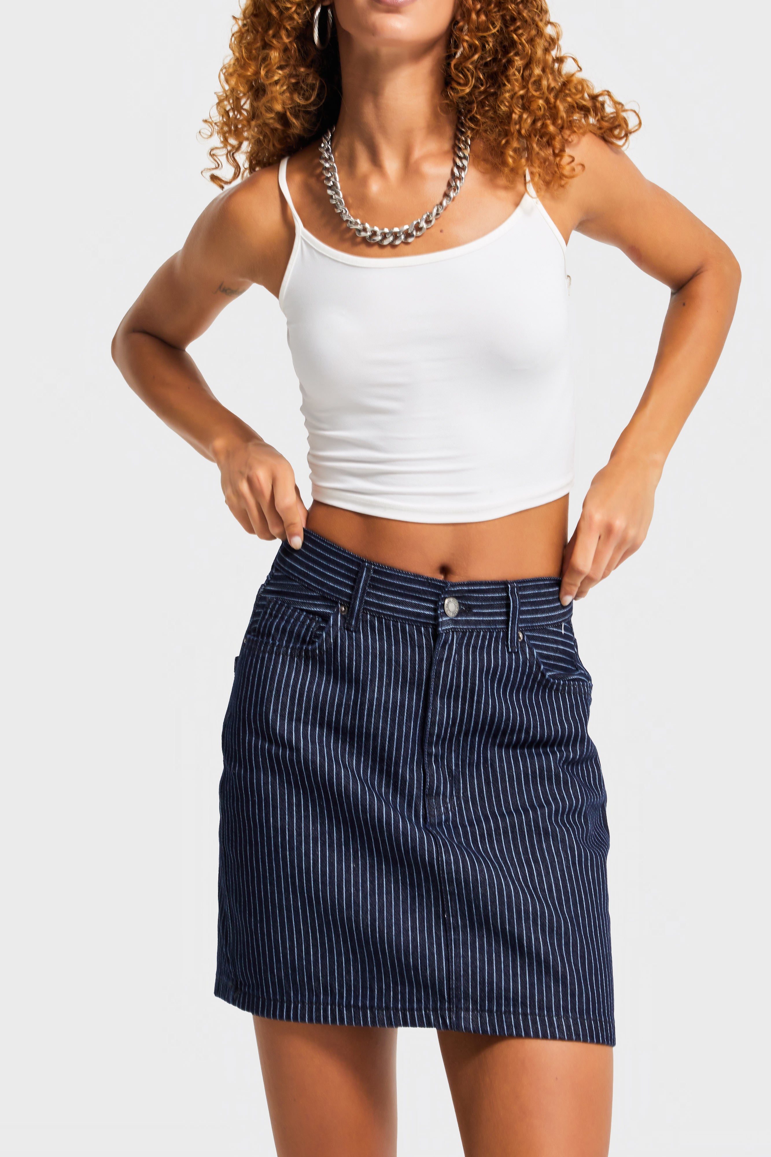 Kadın Çizgili Mavi Renk 19w5-33 Straight Fit Boy 40cm %100 Koton Özel Kumaş Denim Etek