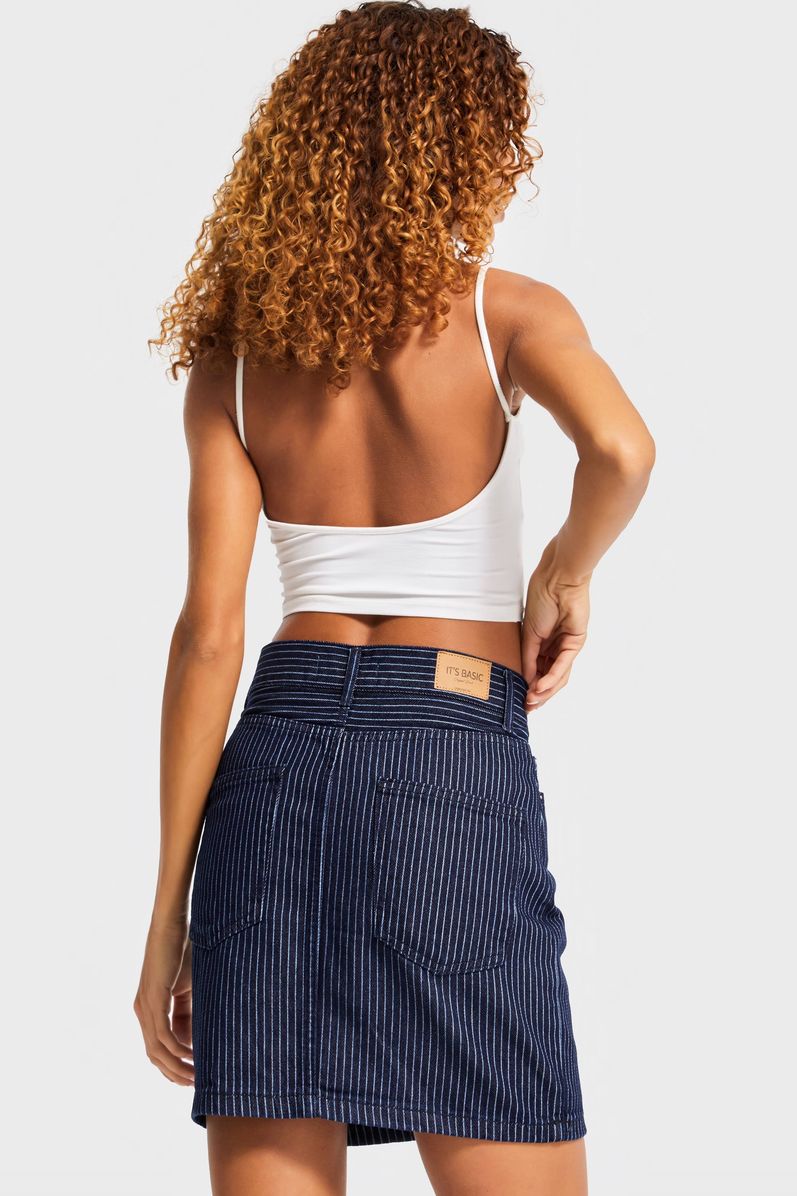 Kadın Çizgili Mavi Renk 19w5-33 Straight Fit Boy 40cm %100 Koton Özel Kumaş Denim Etek