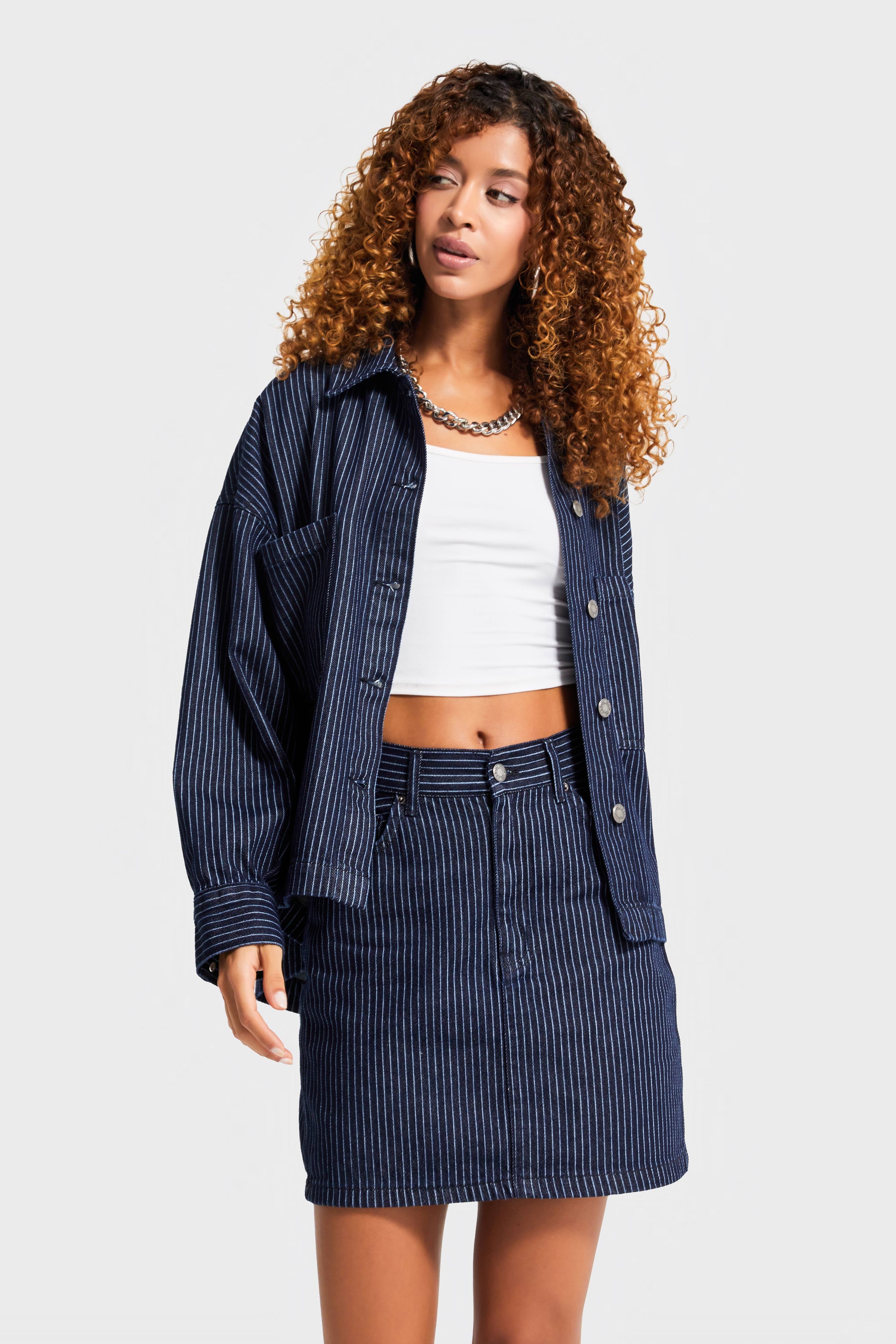 Kadın Çizgili Mavi Renk 19w5-33 Straight Fit Boy 40cm %100 Koton Özel Kumaş Denim Etek