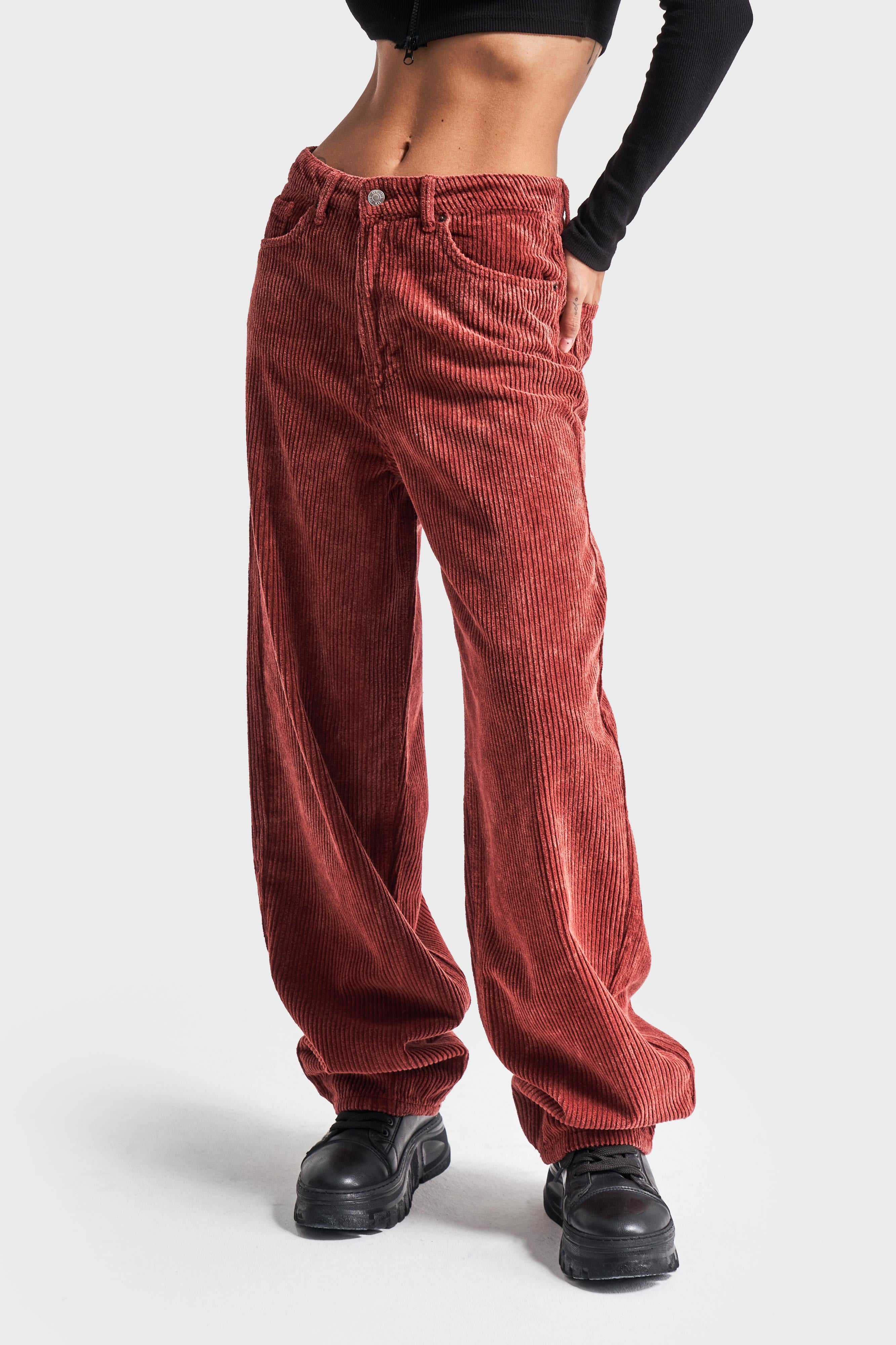 Women's Coral Color 27w455 Thick Ribbed Skater Fit Velvet Trousers