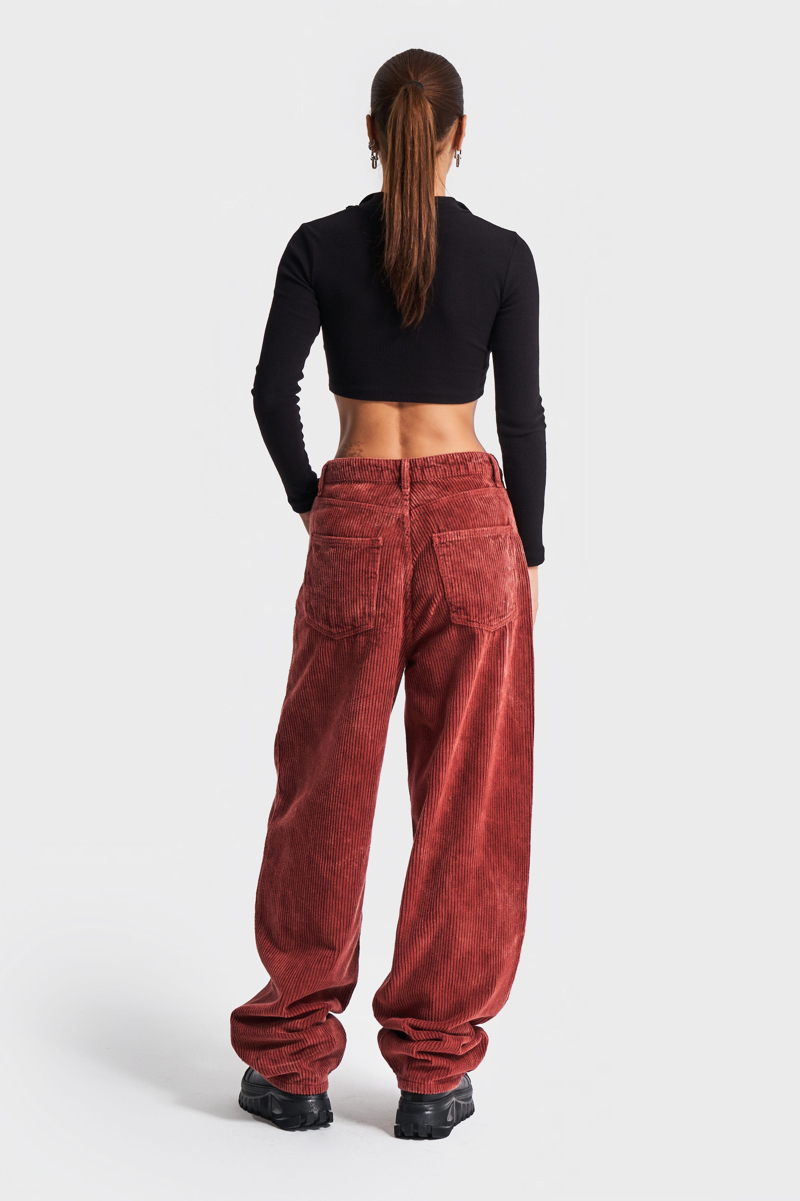 Women's Coral Color 27w455 Thick Ribbed Skater Fit Velvet Trousers