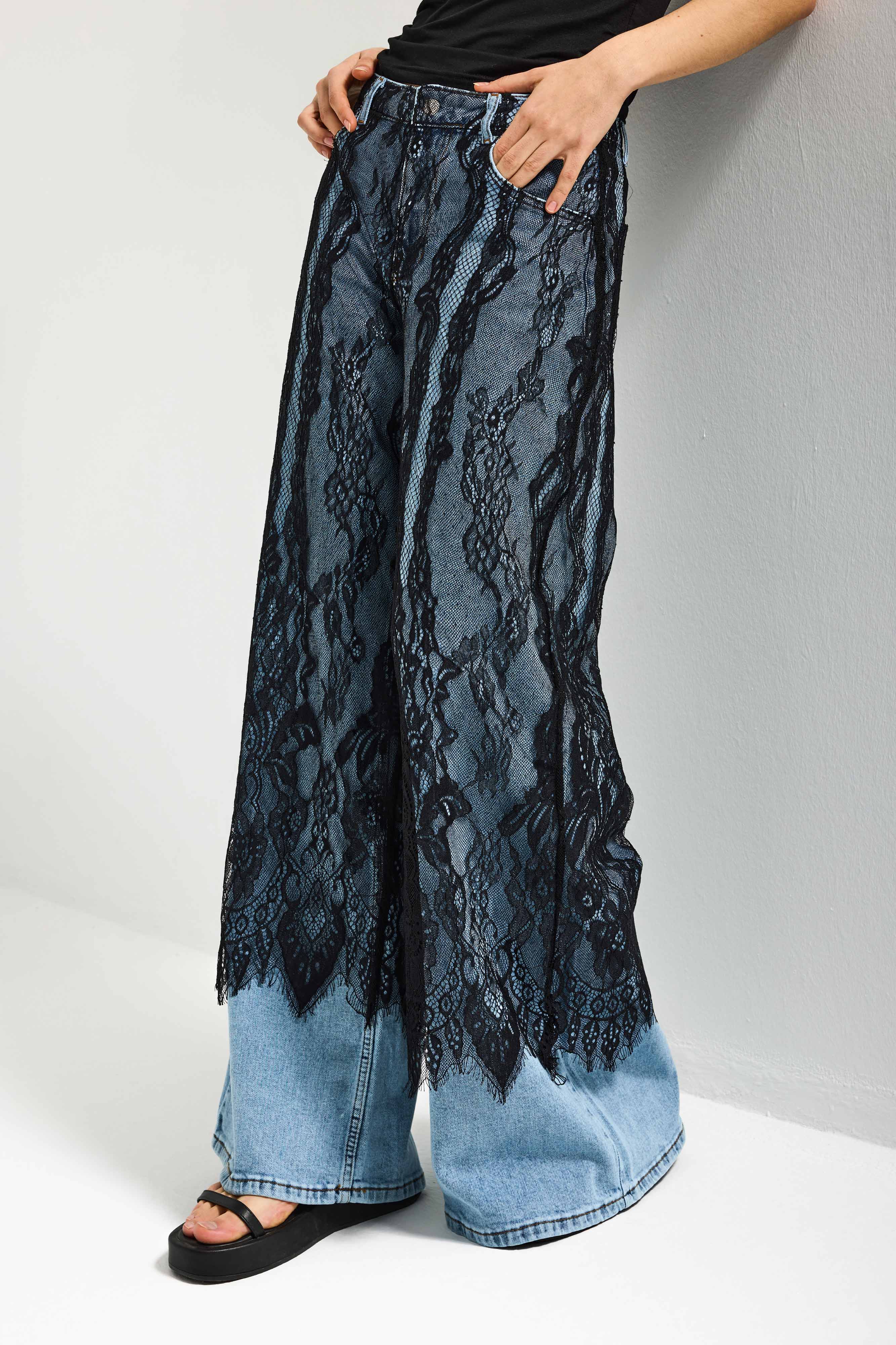 Kadın Dantel Kot Rengi Palazzo Fit Dantel Detaylı Özel Tasarım Denim Jean