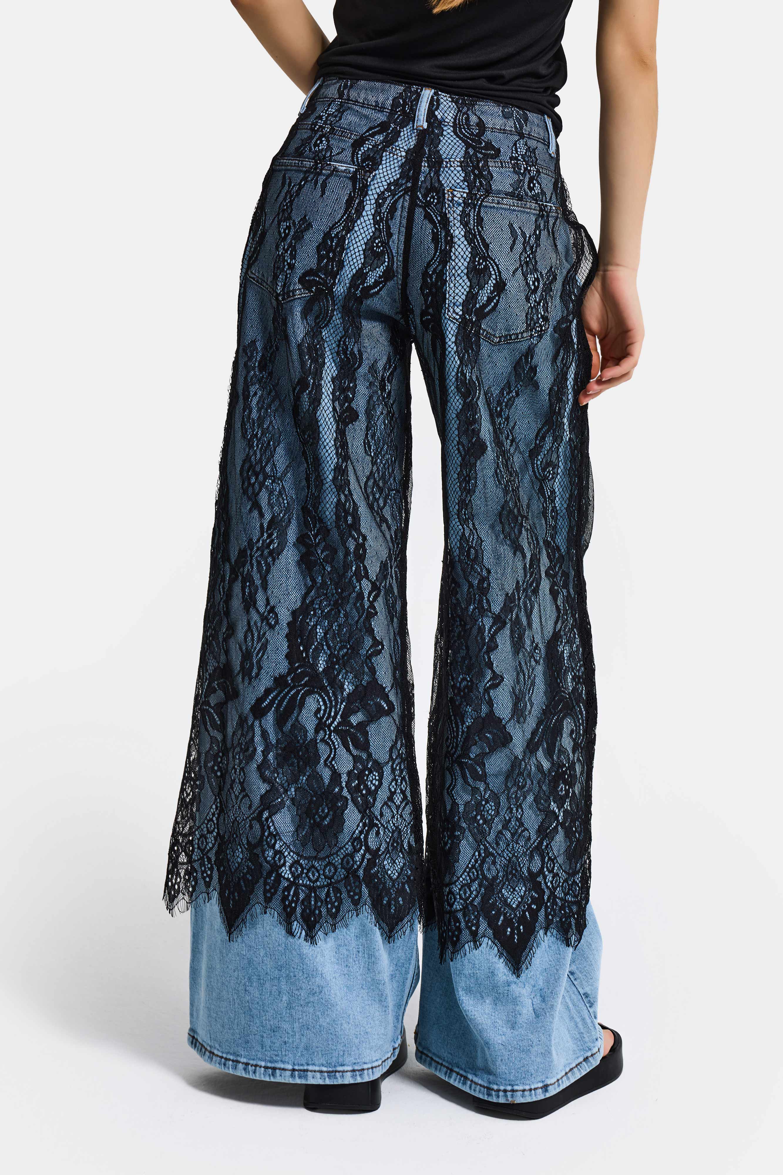 Kadın Dantel Kot Rengi Palazzo Fit Dantel Detaylı Özel Tasarım Denim Jean