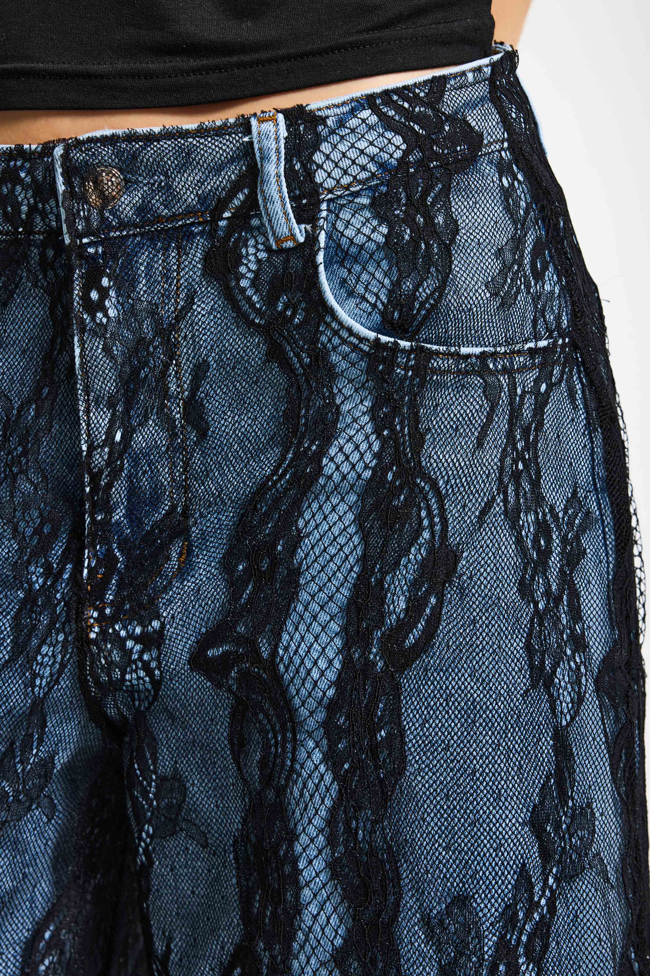 Kadın Dantel Kot Rengi Palazzo Fit Dantel Detaylı Özel Tasarım Denim Jean