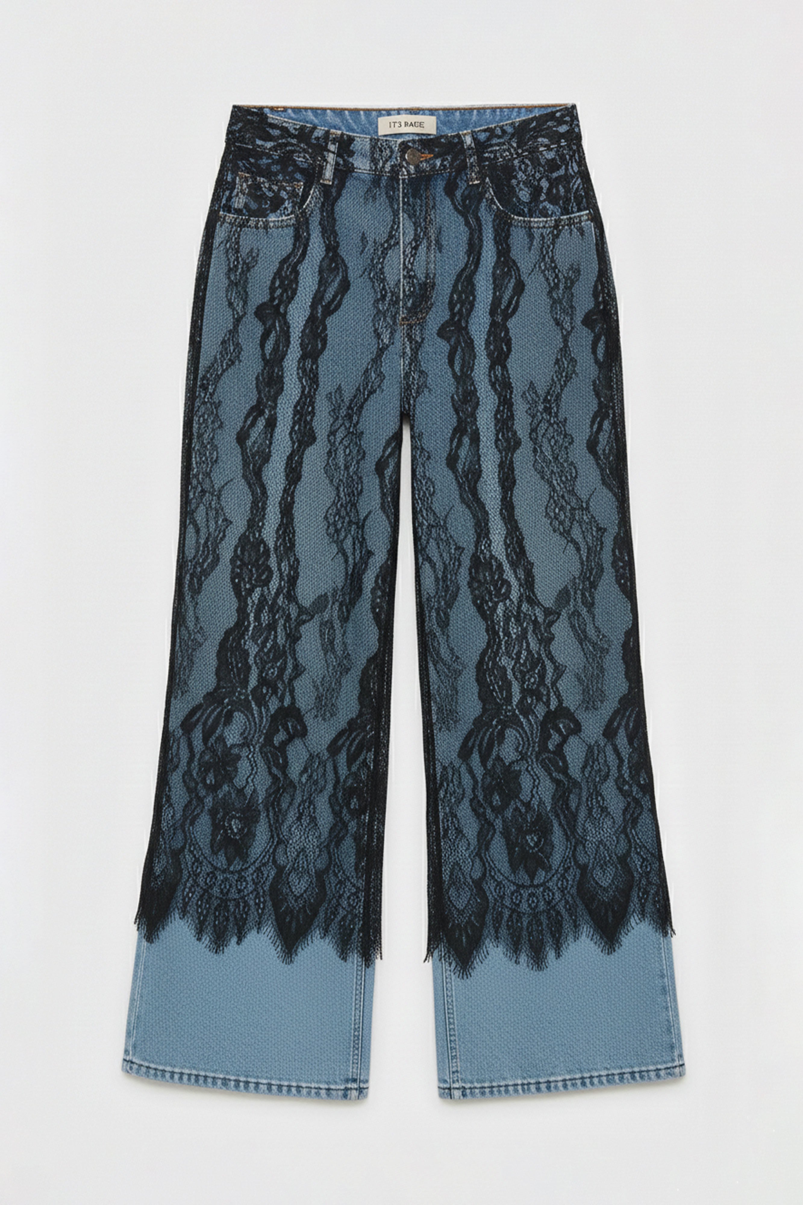 Kadın Dantel Kot Rengi Palazzo Fit Dantel Detaylı Özel Tasarım Denim Jean