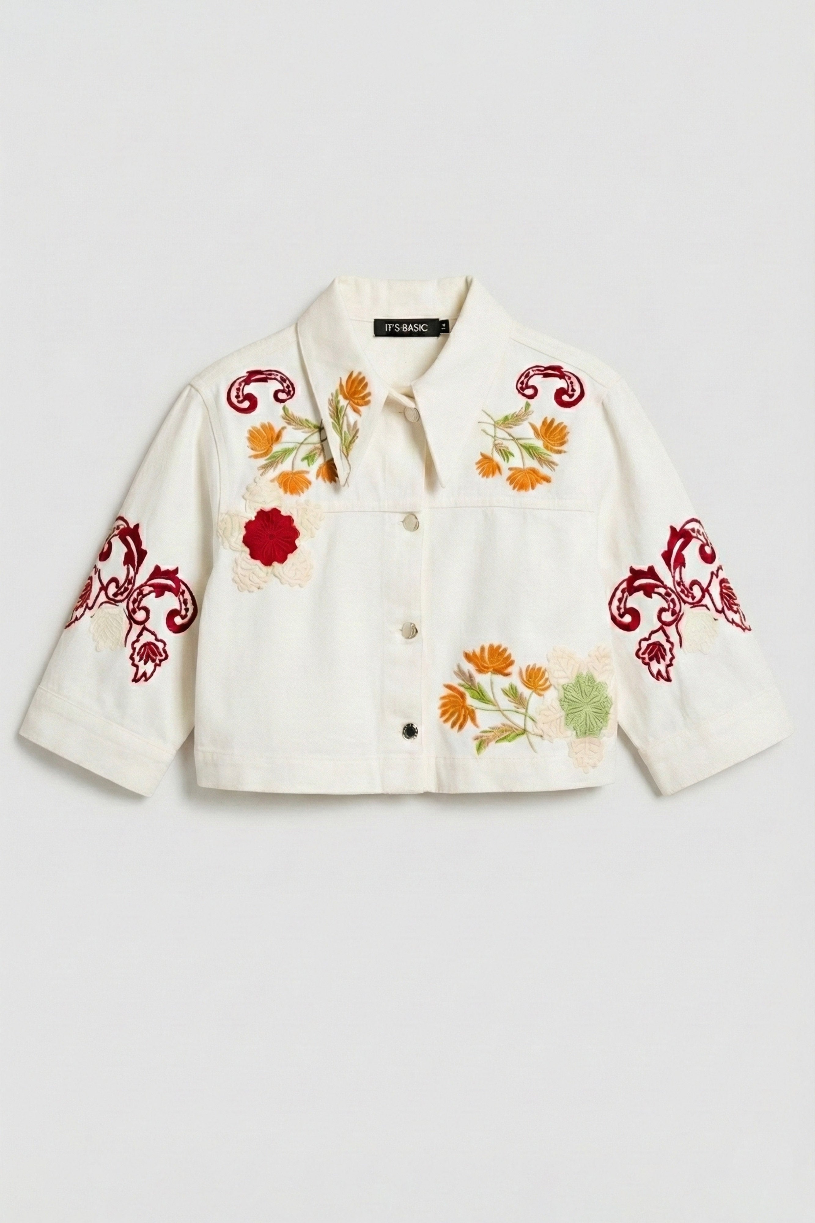 Kadın Ekru 7s6-101 Crop Fit Özel Desen Çiçek Nakışlı Tasarım Denim Ceket