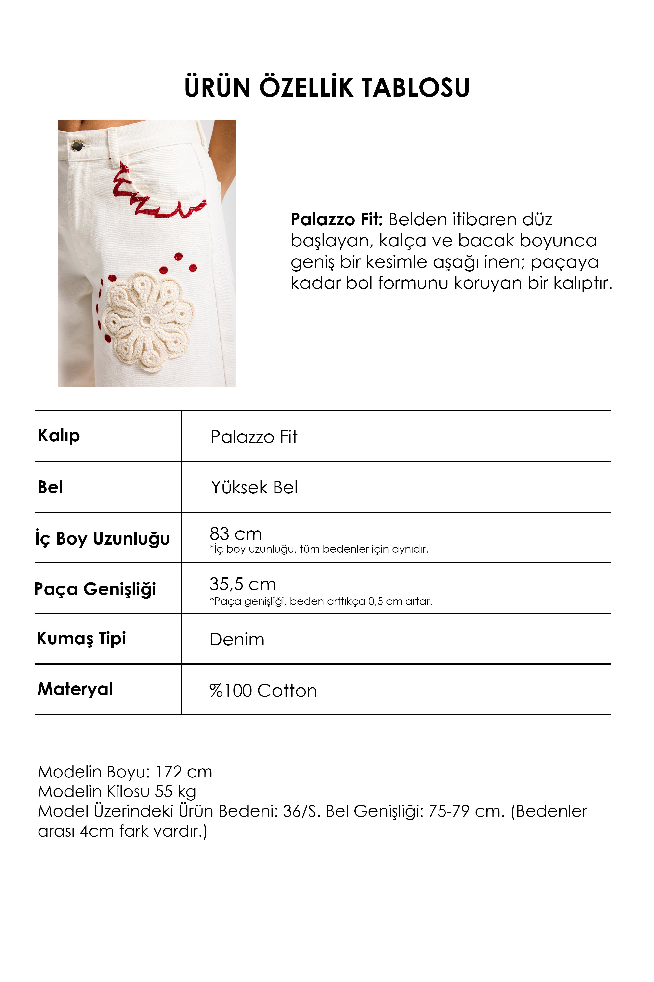 Kadın Ekru 7s6-101 Palazzo Fit Özel Desen Çiçek Nakışlı Tasarım Denim Jean