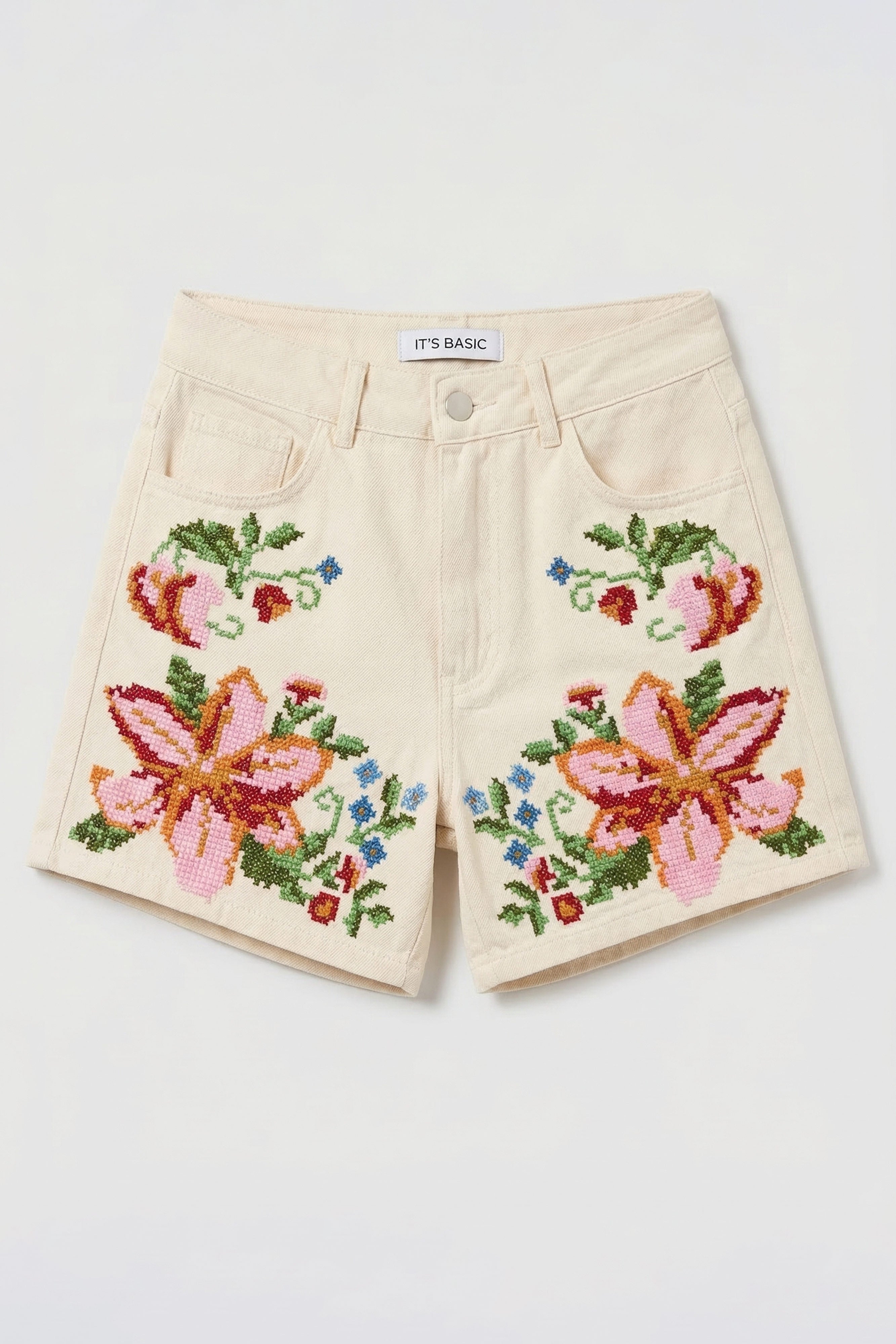 Women's Ecru 7s6-69 Mom Fit High Waist Floral Embroidered Special Design Denim Shorts