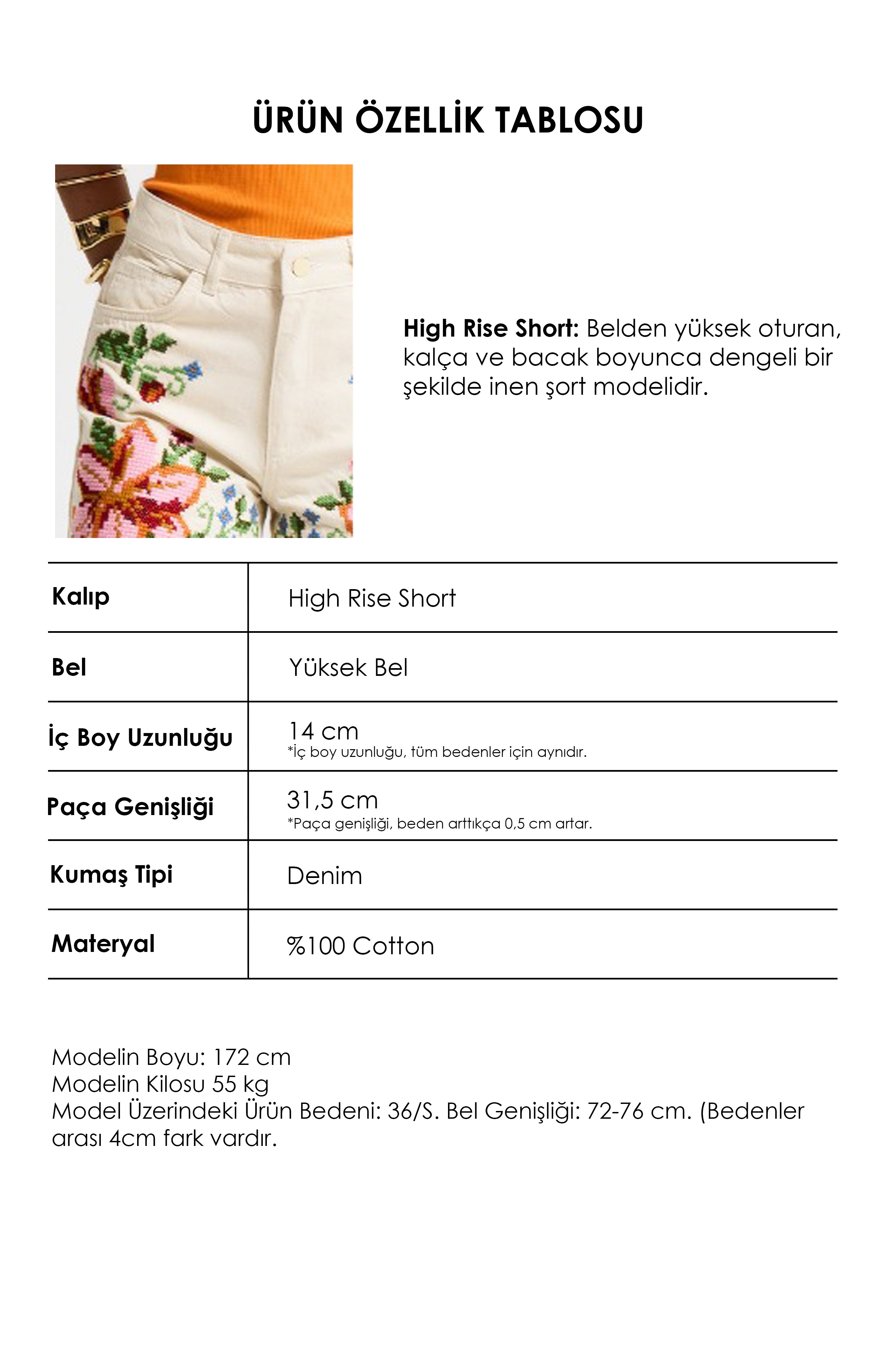 Women's Ecru 7s6-69 Mom Fit High Waist Floral Embroidered Special Design Denim Shorts