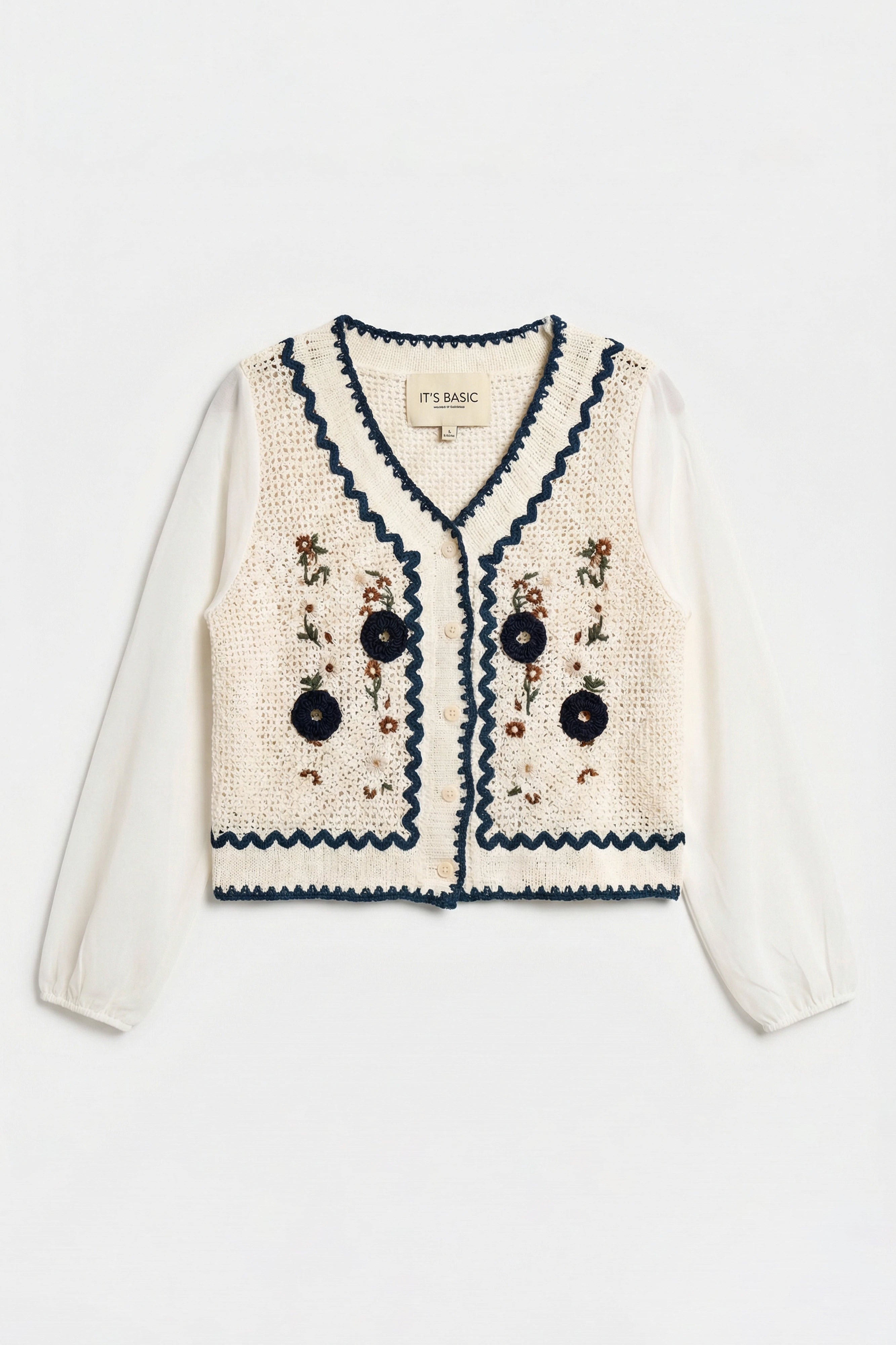 Kadın Ekru Etnik Şifon Kollu Etnik Örgülü Tasarım Bluz