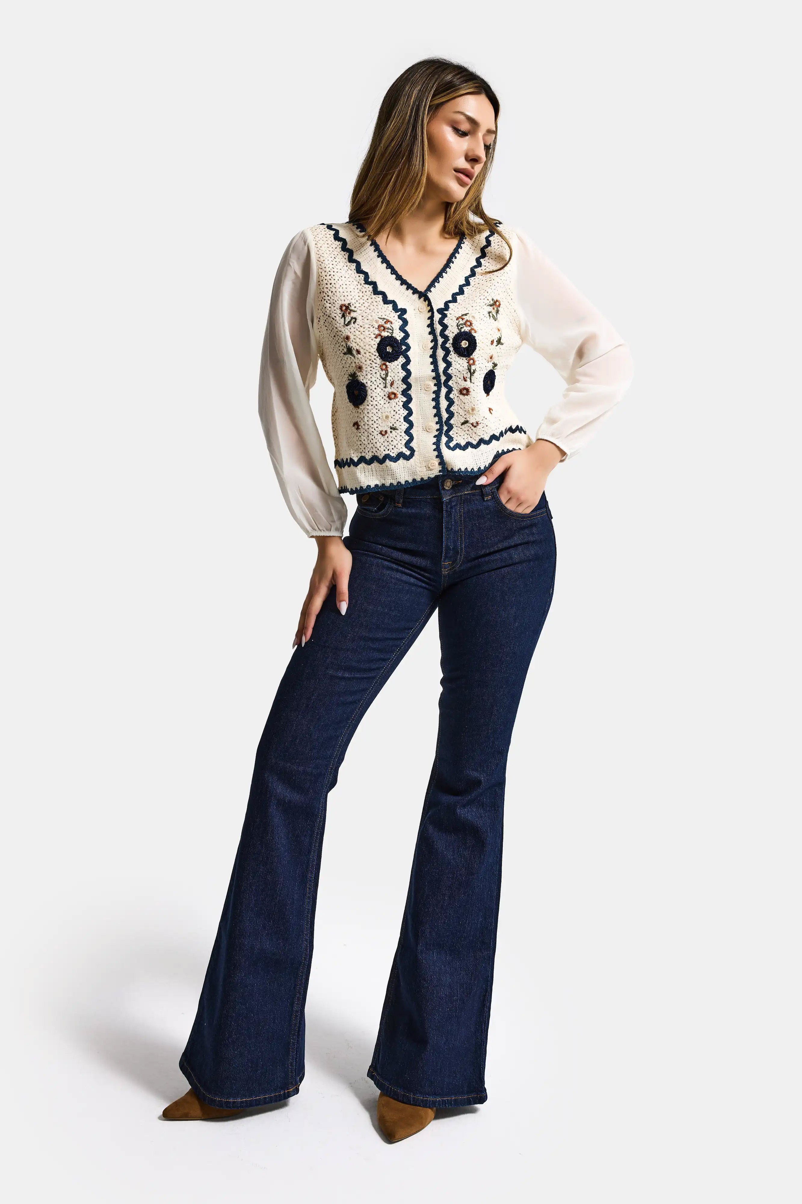 Kadın Ekru Etnik Şifon Kollu Etnik Örgülü Tasarım Bluz