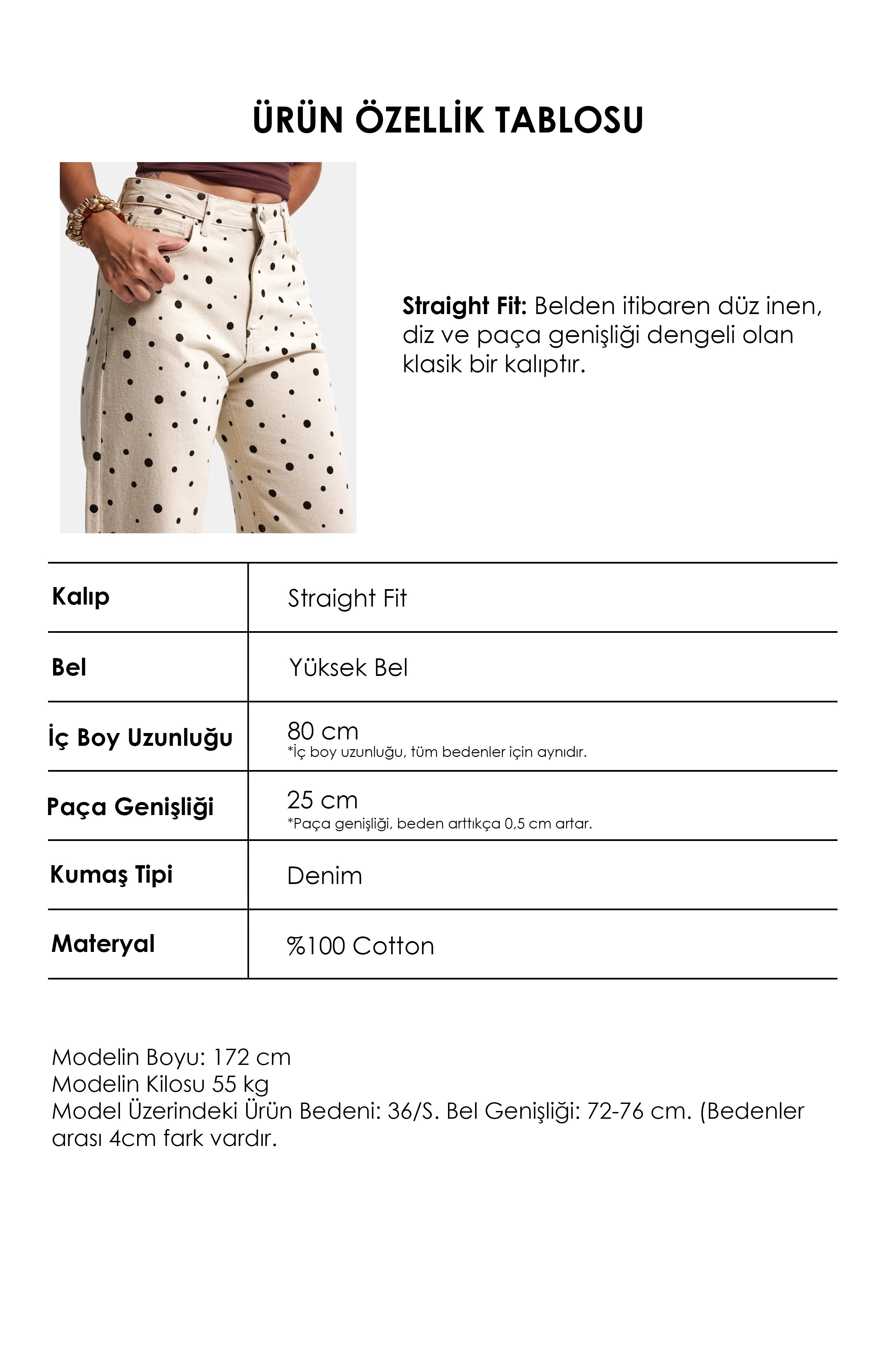 Kadın Ekru Puantiye Doris P1-7s6-69 Straight Fit Yüksek Bel Denim Jean