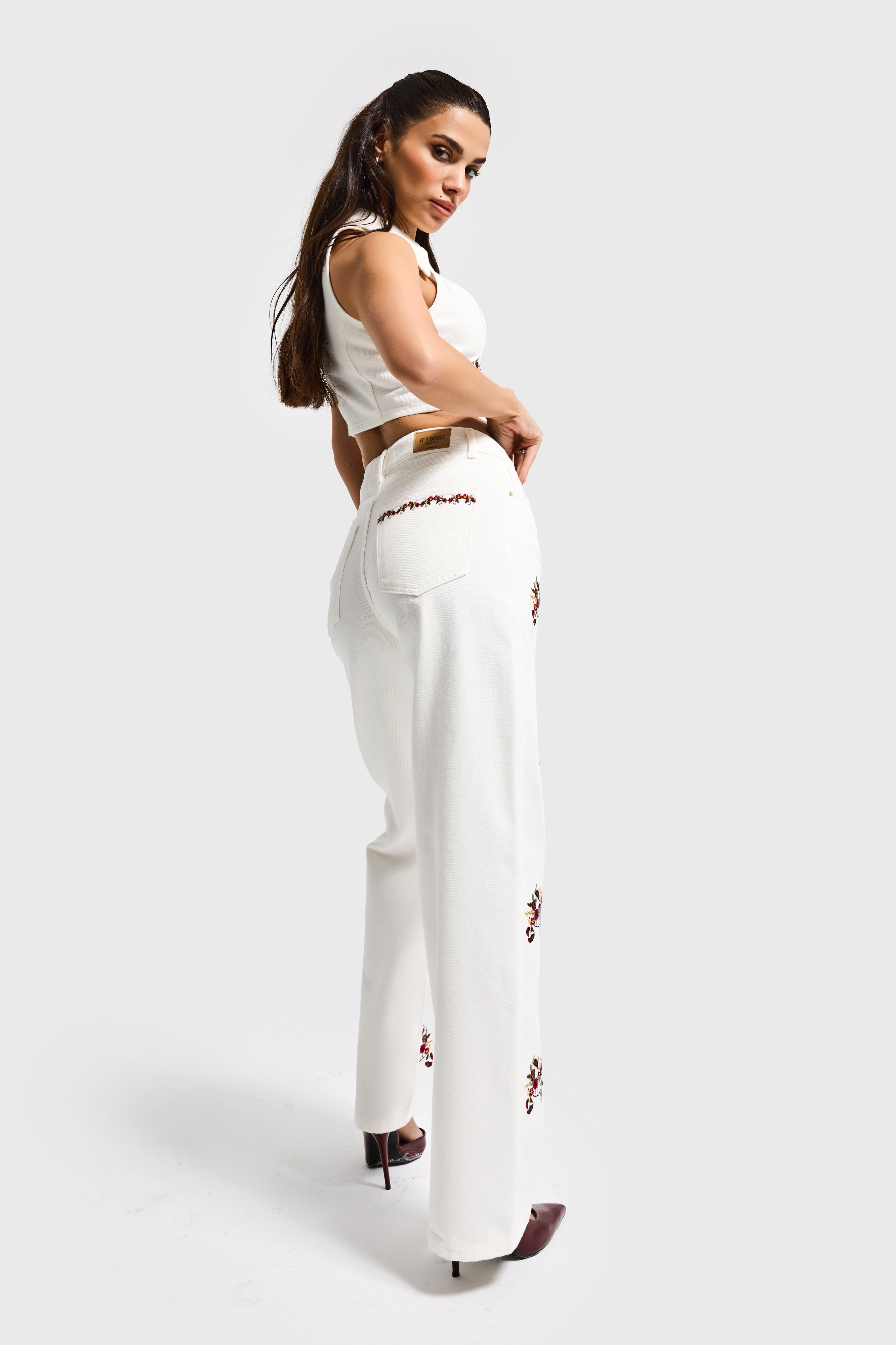Kadın Ekru Renk 7s6-101 Straight Fit Yüksek Bel Özel Nakışlı Tasarım Denim Jean