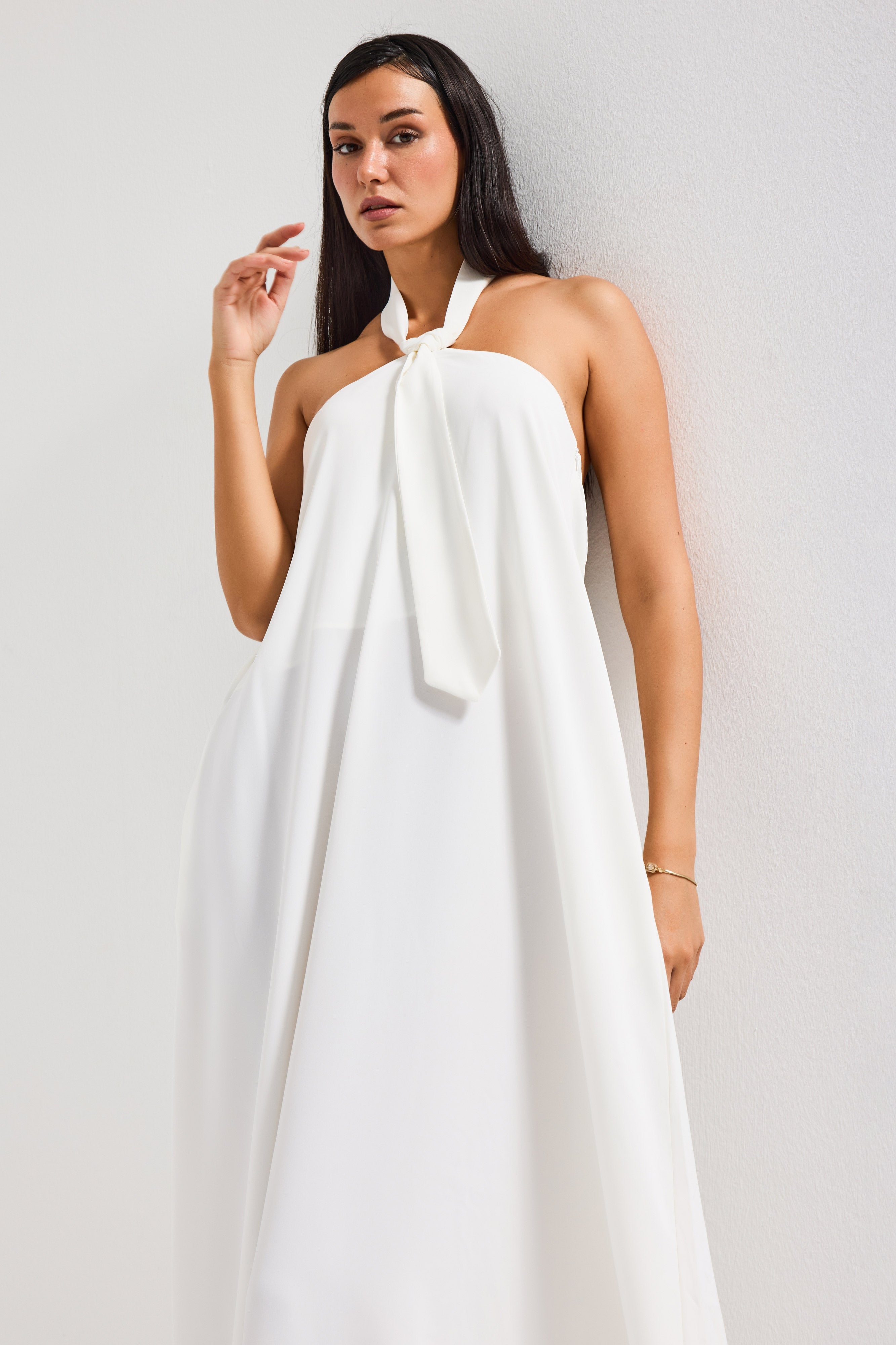 Kadın Ekru Renk Bol Kesim Kravat Detaylı Boyundan Bağlamalı Tasarım Elbise