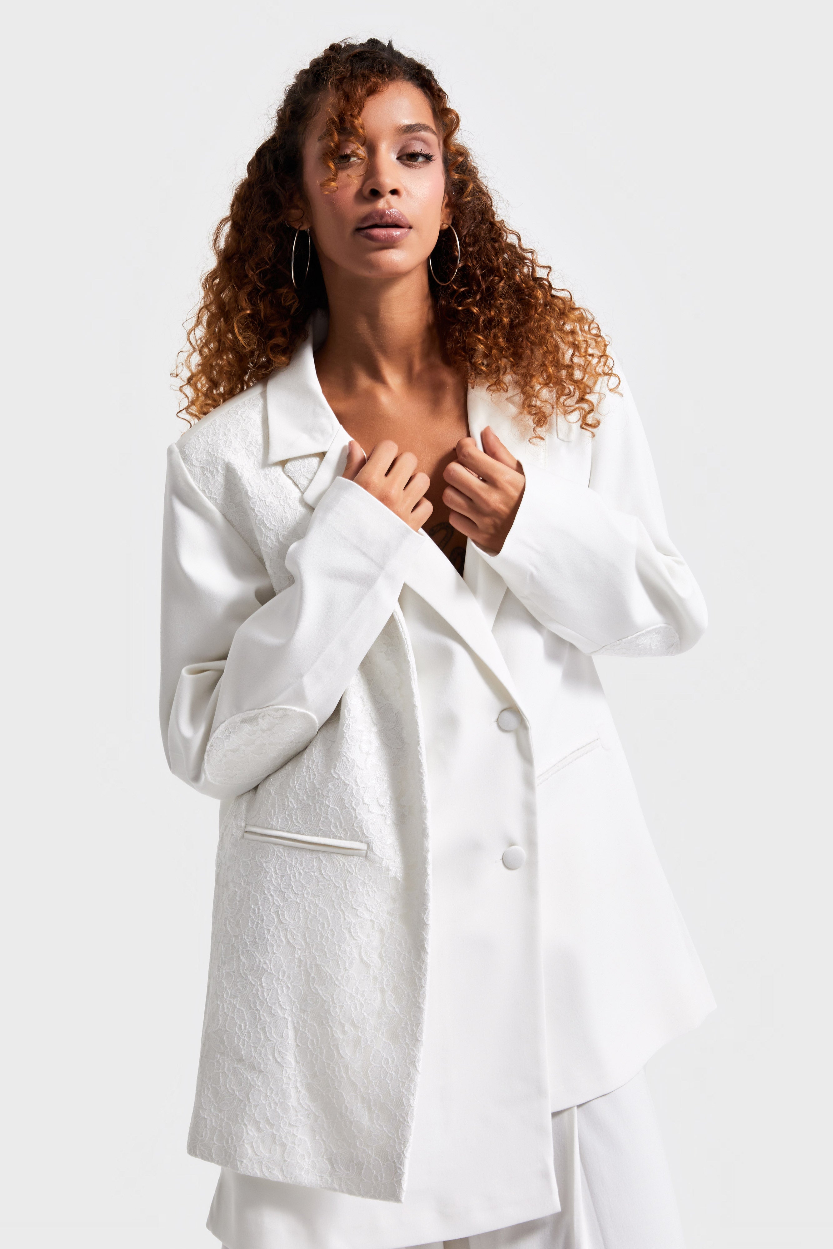 Women's Ecru Lace-Detailed Special Design Oversized Double-Breasted Fabric Jacket