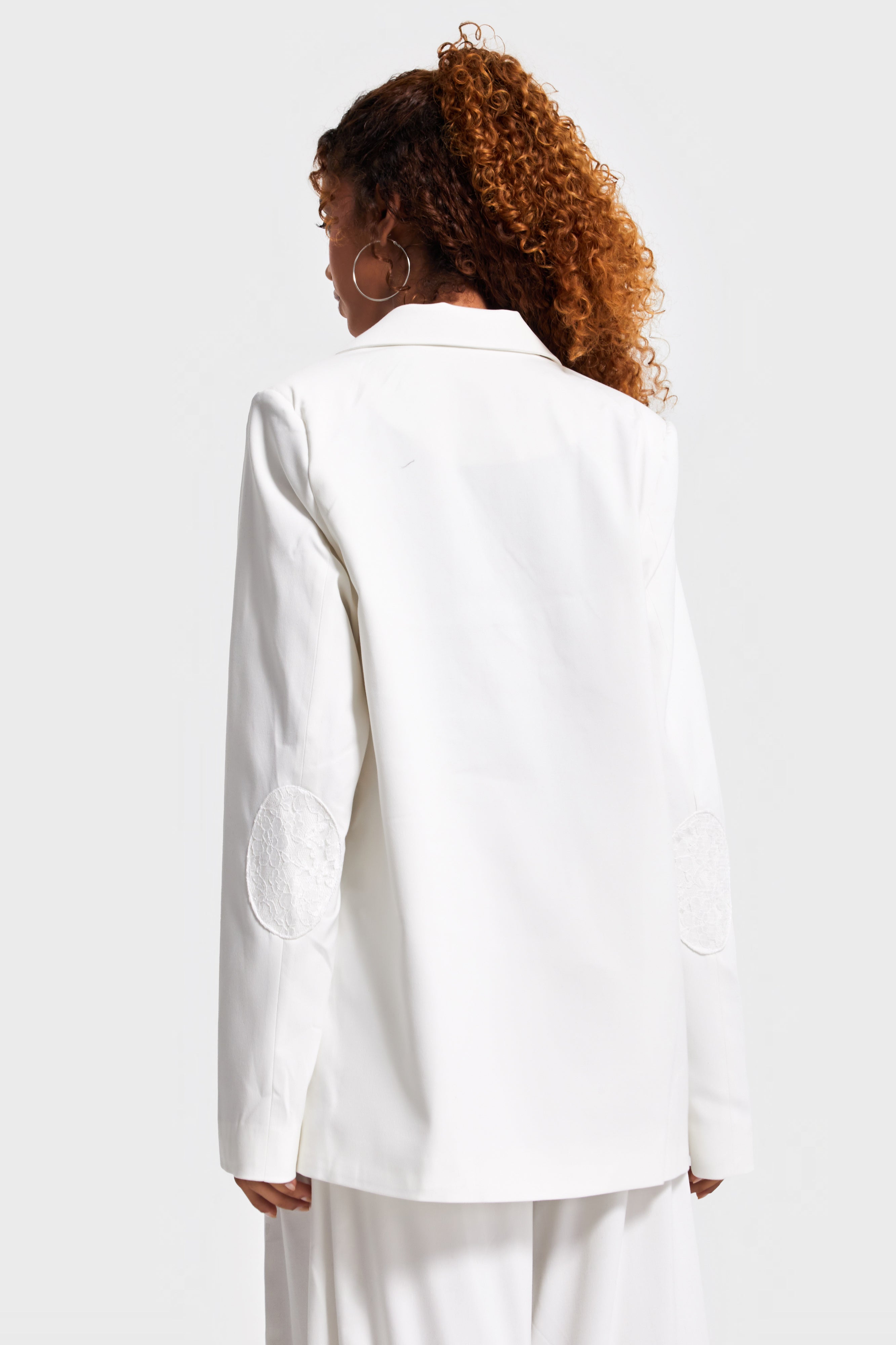 Women's Ecru Lace-Detailed Special Design Oversized Double-Breasted Fabric Jacket