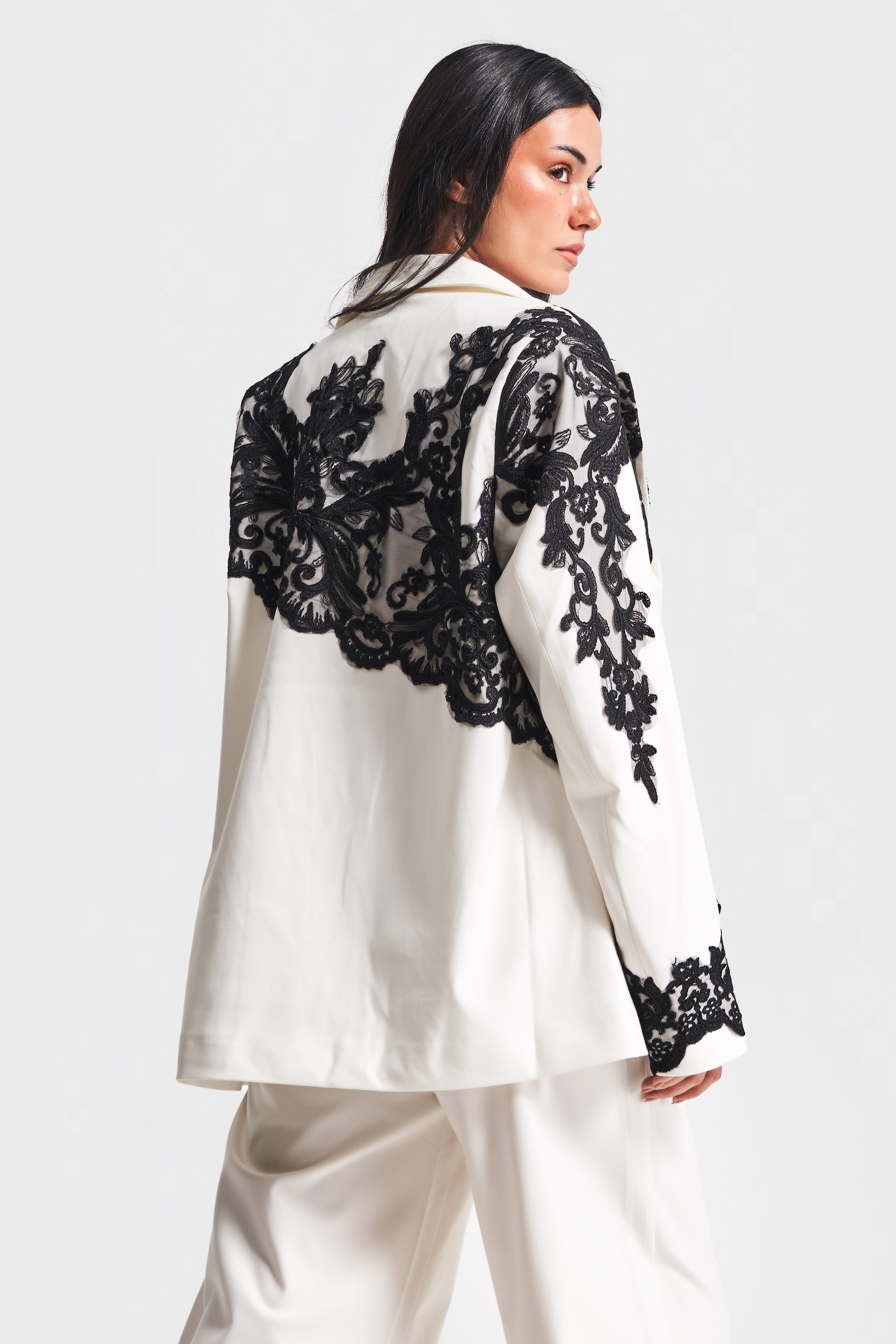 Women's Ecru Color Lace Double Breasted Design Jacket