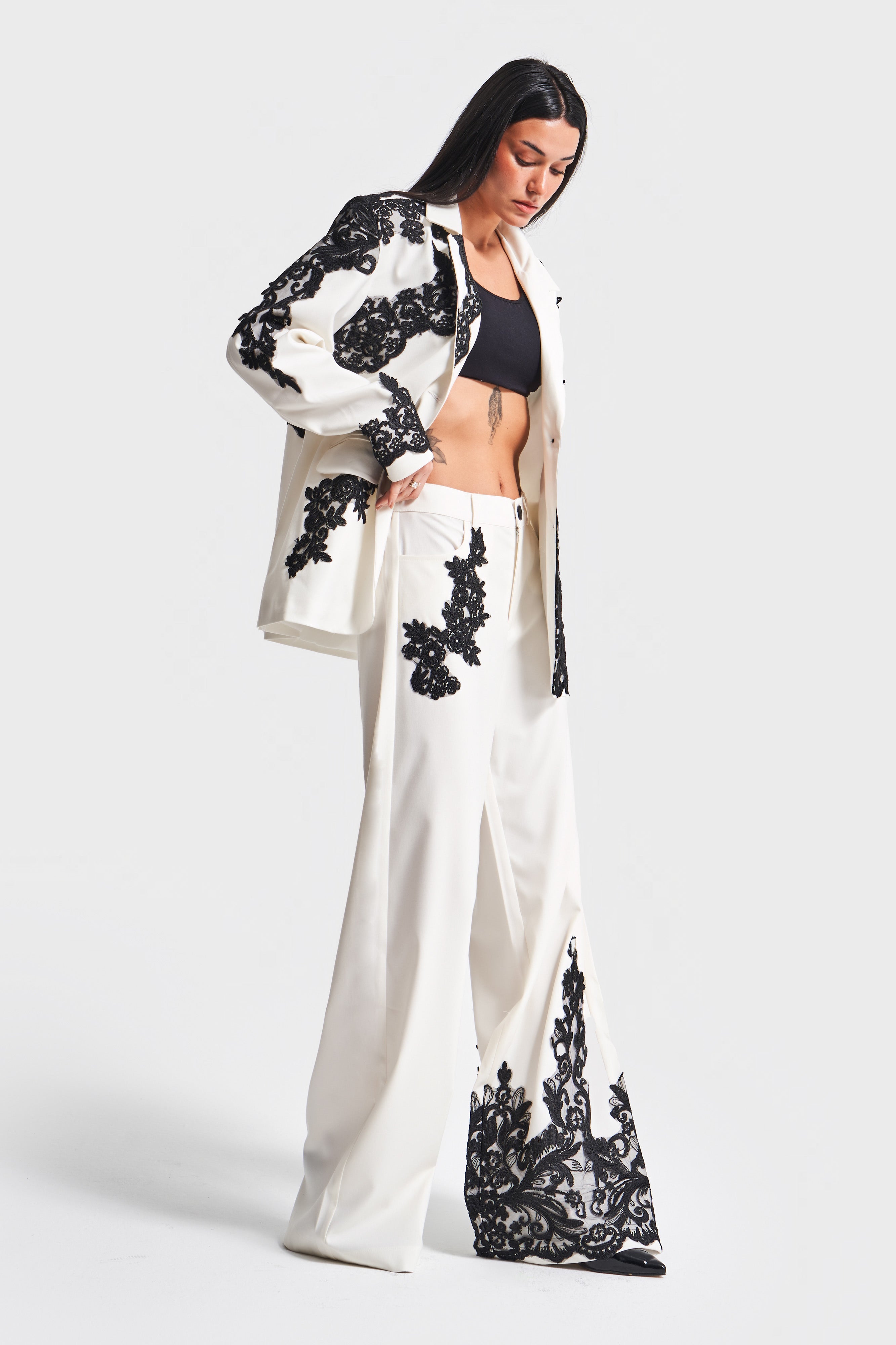 Women's Ecru Color Laced Relaxed Cut Design Trousers