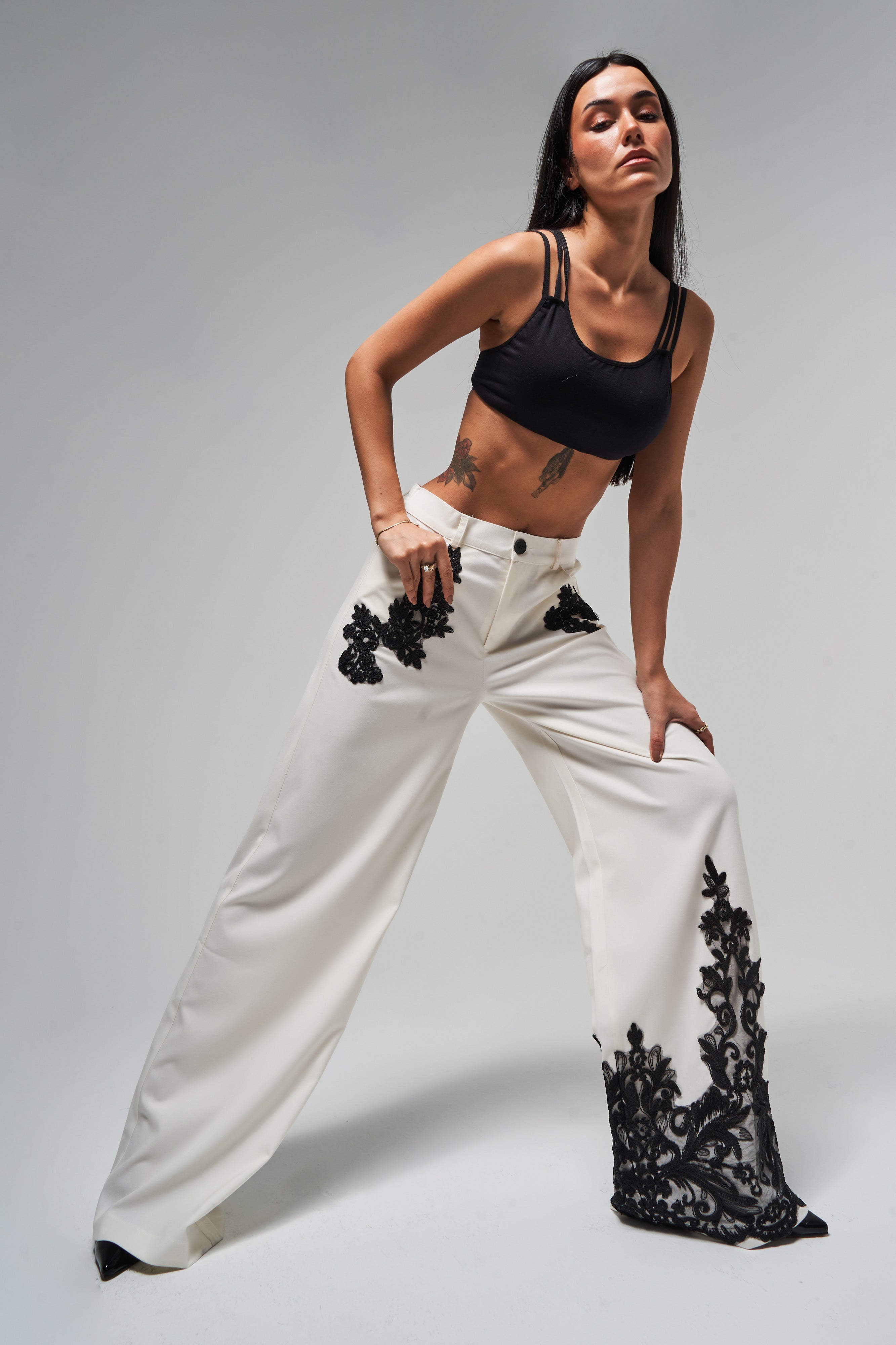 Women's Ecru Color Laced Relaxed Cut Design Trousers