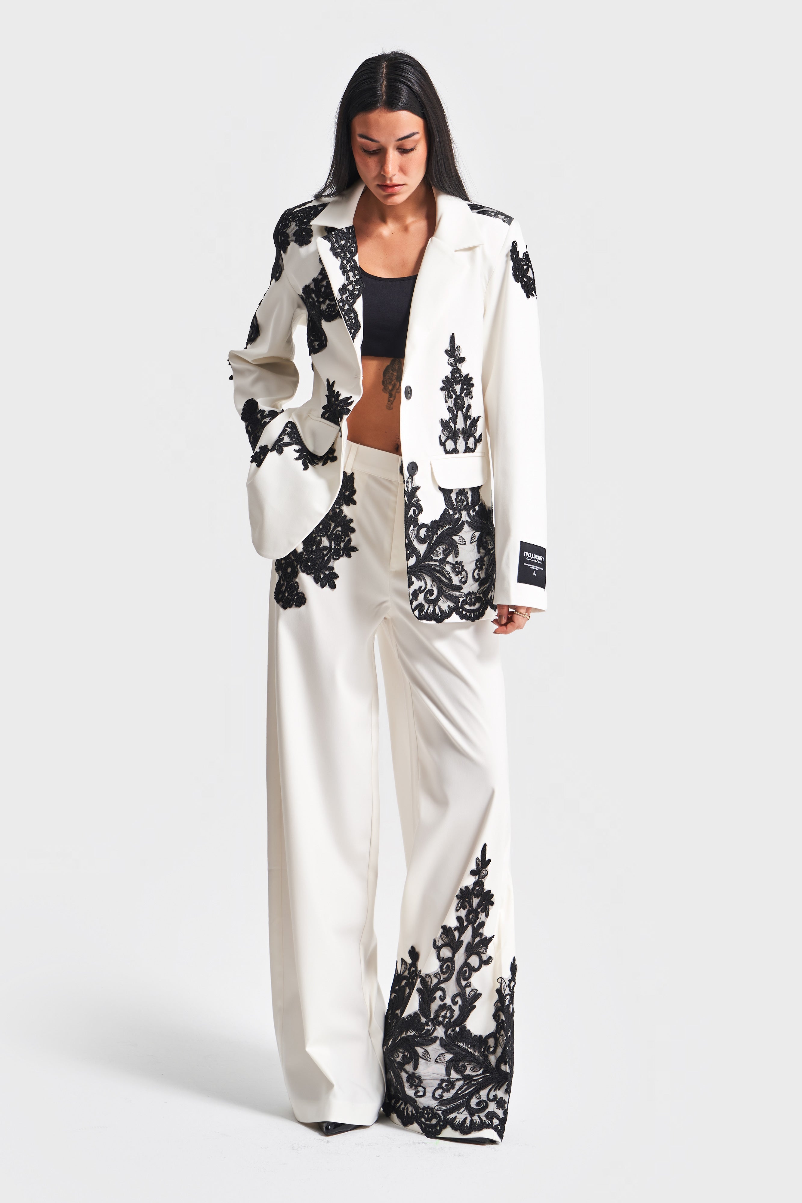 Women's Ecru Color Laced Relaxed Cut Design Trousers